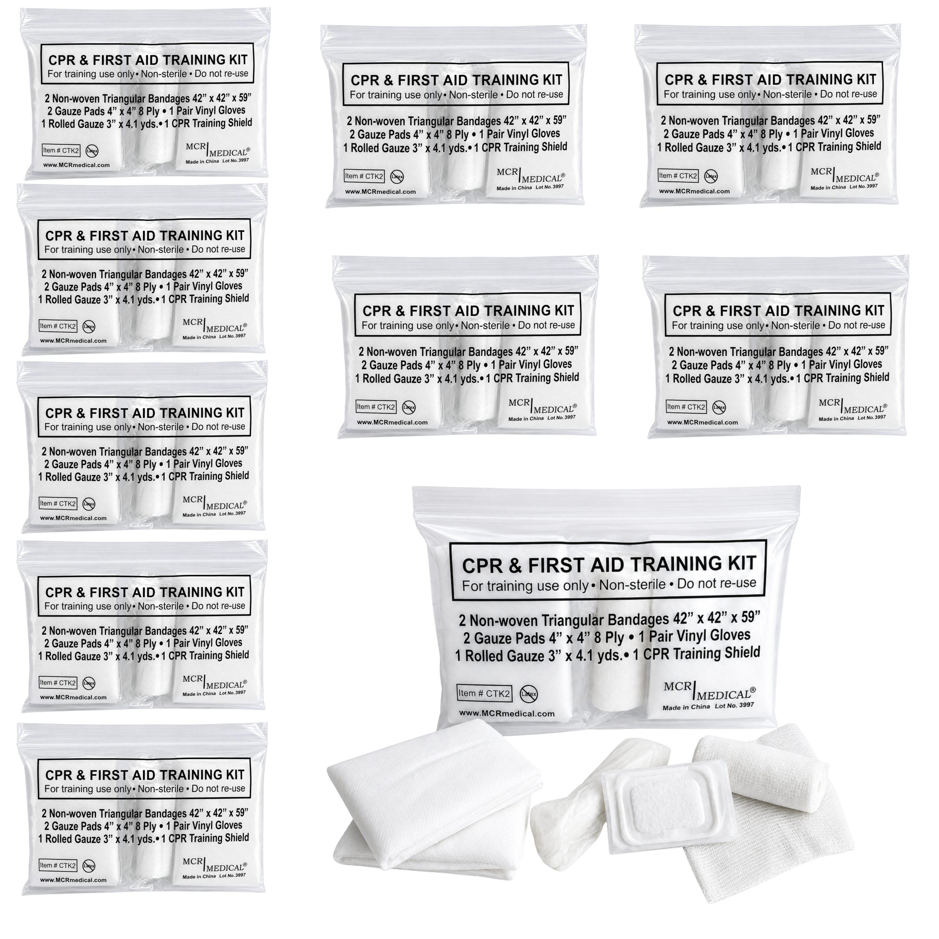 Pkg of 10 CPR & FA Training Kits w. 2 Non-Woven Triangular Bandages