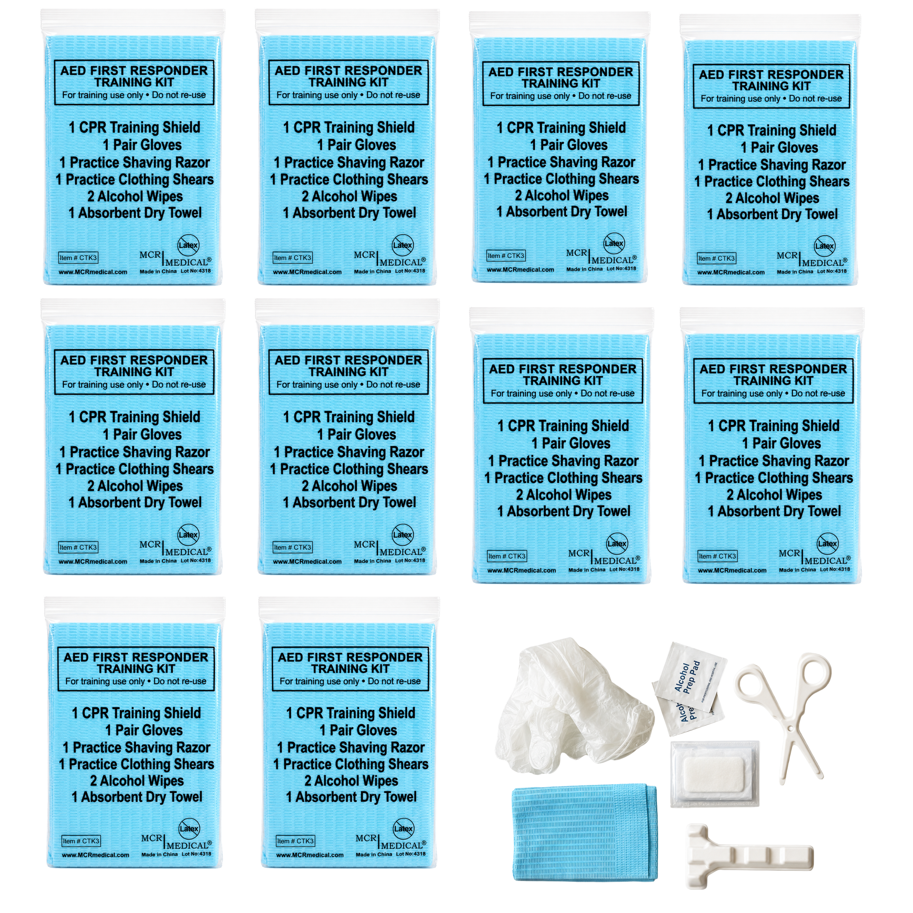 10-Pack Deluxe AED First Responder Training Kit with Simulated Razor, Scissors, & More