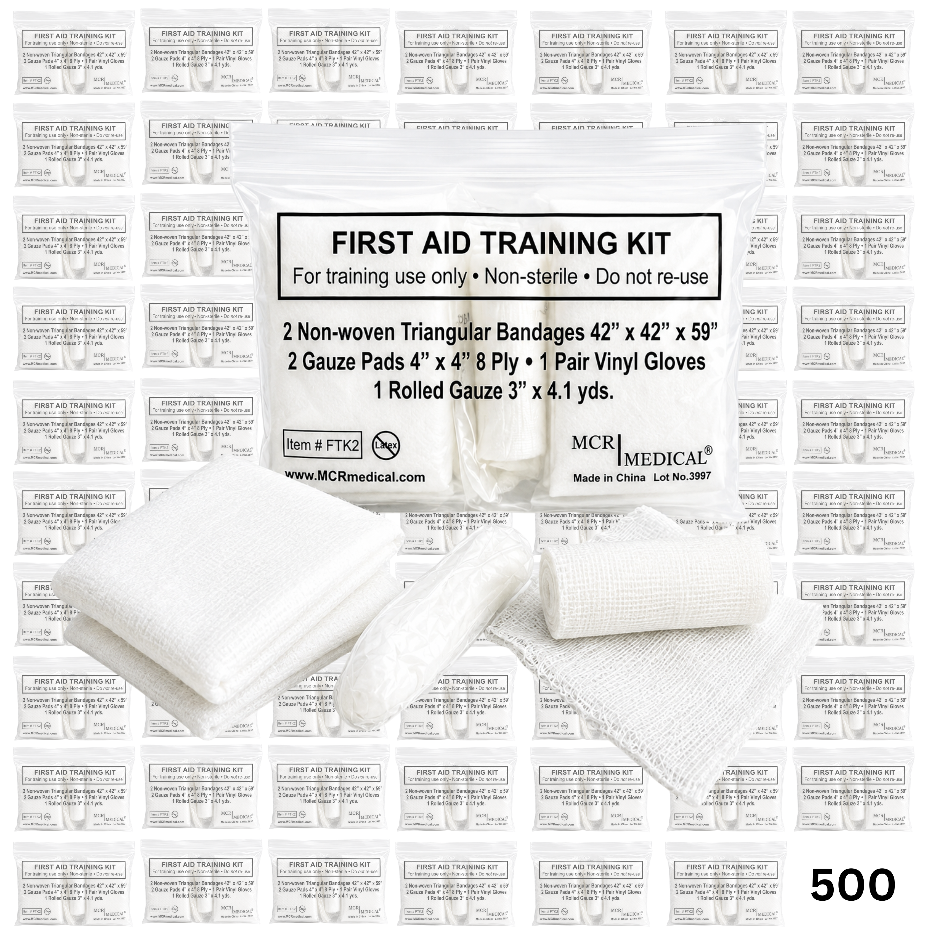 Case of 500 First Aid Training Kits w. 2 Non-Woven Triangular Bandages