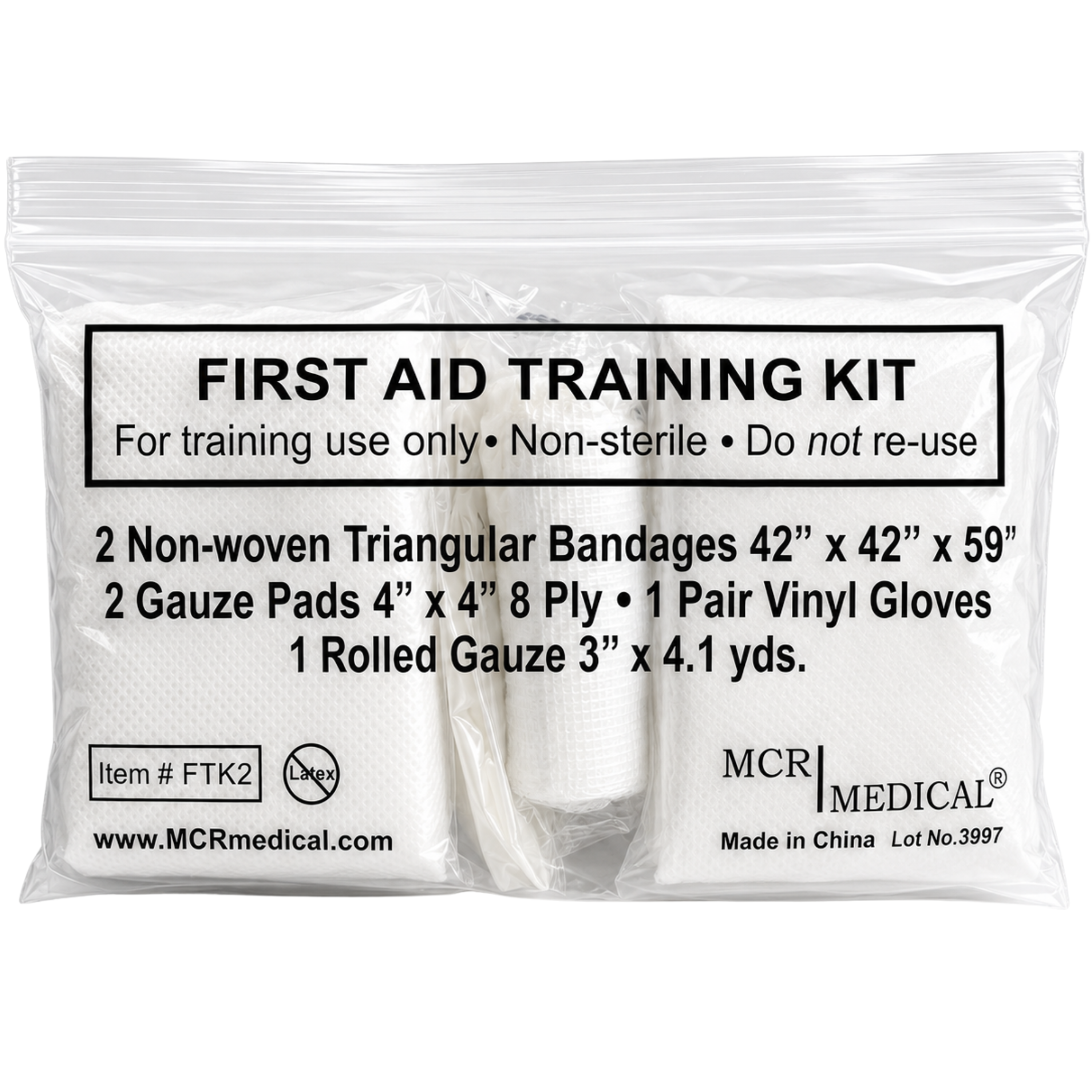 Box of 100 First Aid Training Kits w. 2 Non-Woven Triangular Bandages