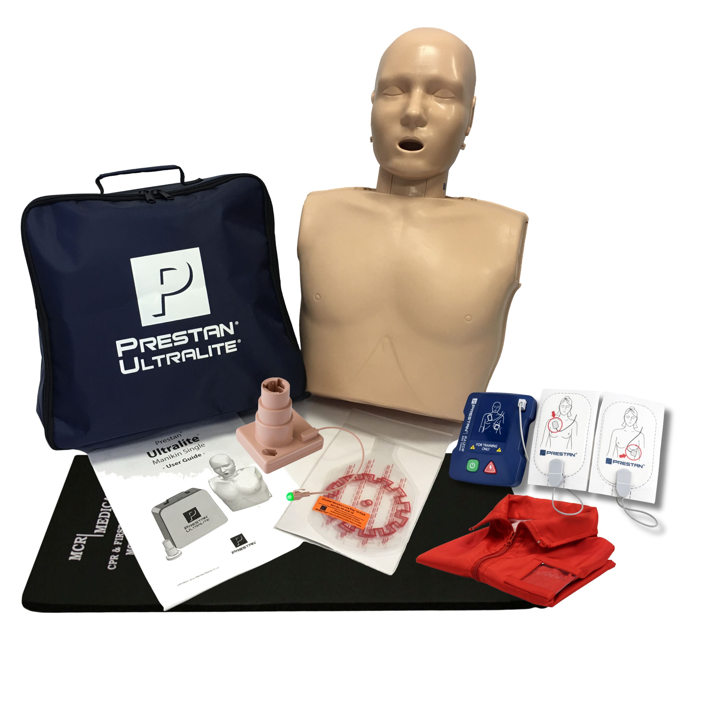 MCR CPR Ultralite Training Kit: 1 PRESTAN Ultralite Adult Manikin, AED Raizor Trainer, & MCR Accessories (Medium Tone)
