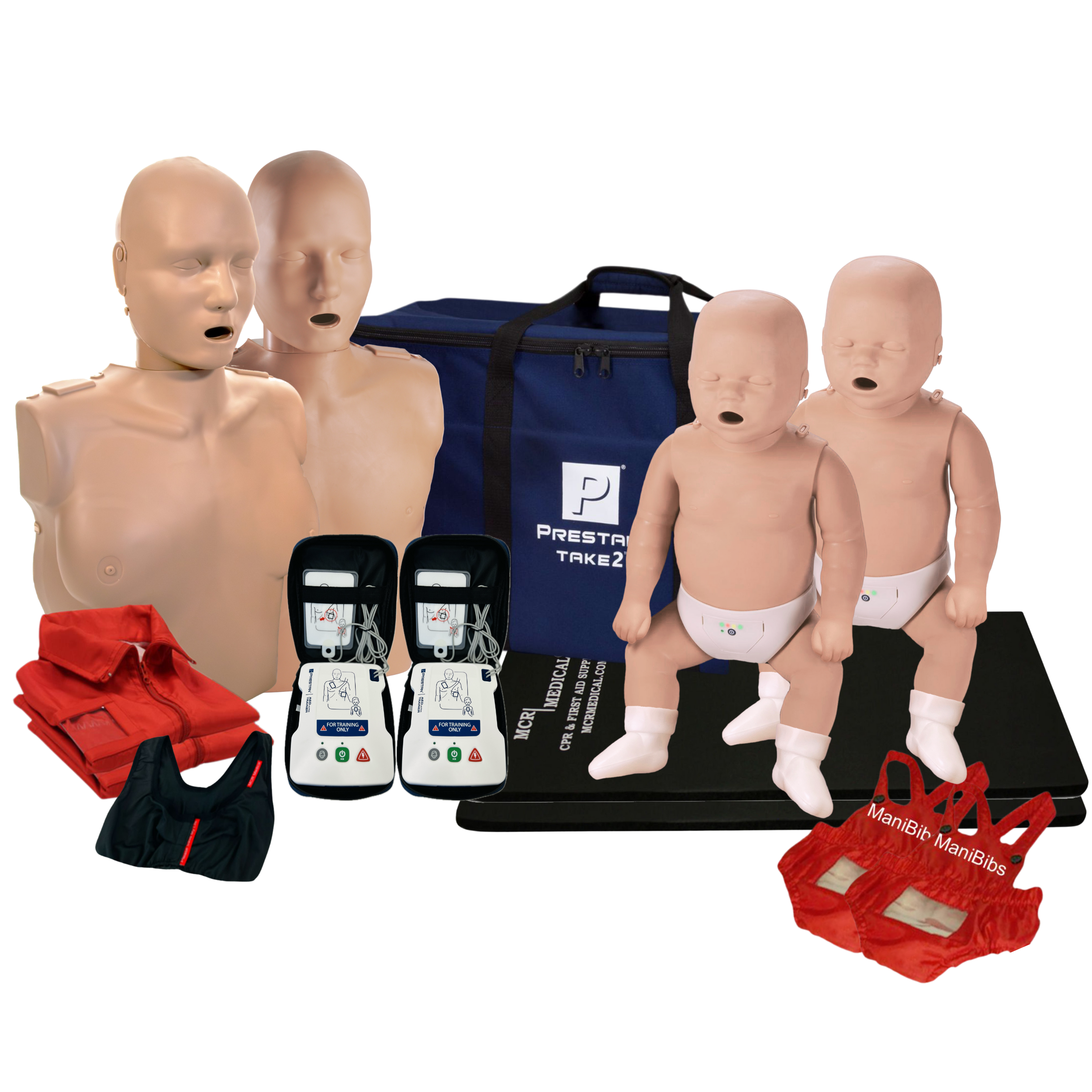 CPR Manikin & AED Trainer Kit with Feedback, Dark Tone (1 Female, 1 Male, 2 Infant, 2 AED Ultratrainers, Manikin Clothing, & Accessories)