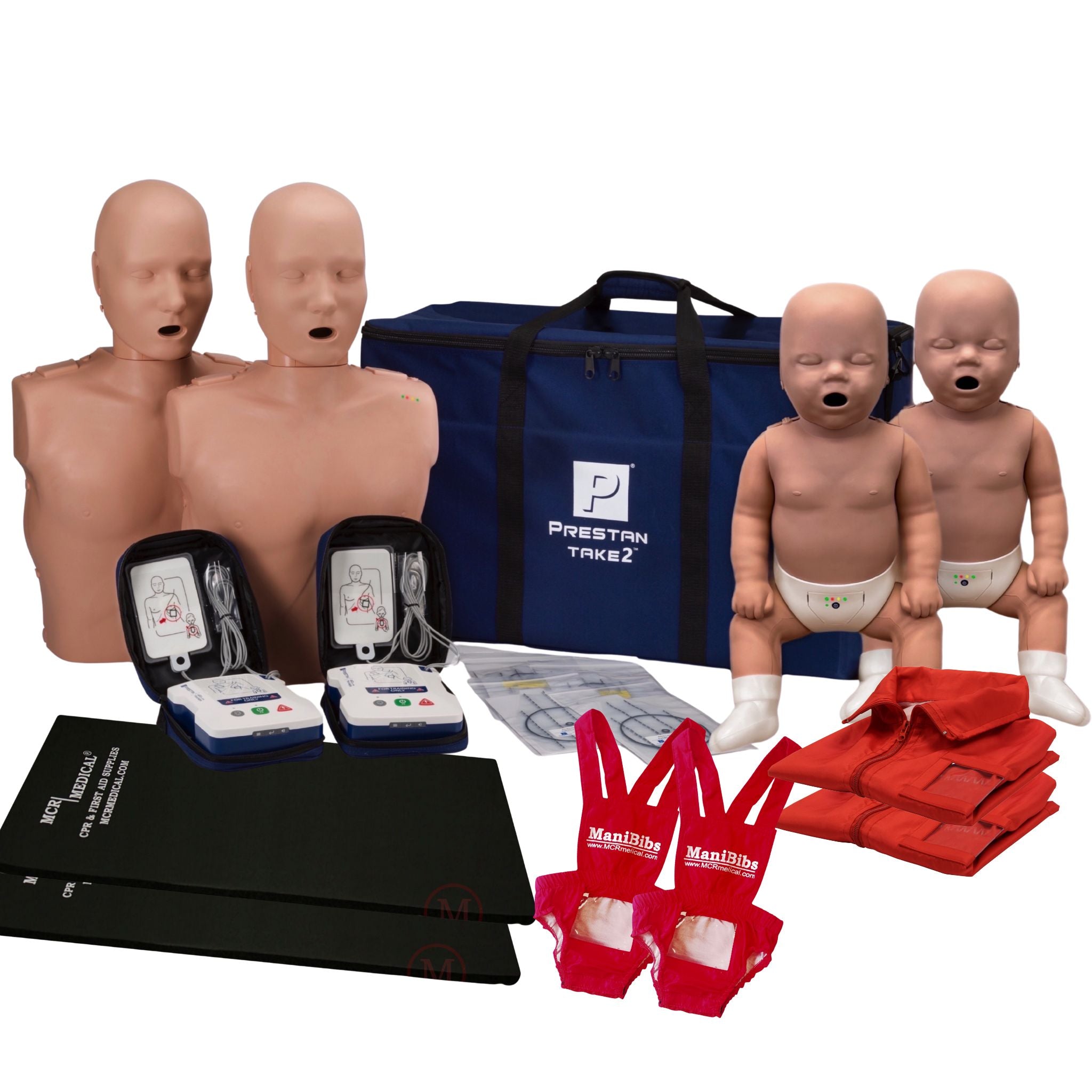 CPR Manikins & AED Trainer Kit with Feedback (2-Adult, 2-Infant, 2-AED UltraTrainers, Vests, & Accessories