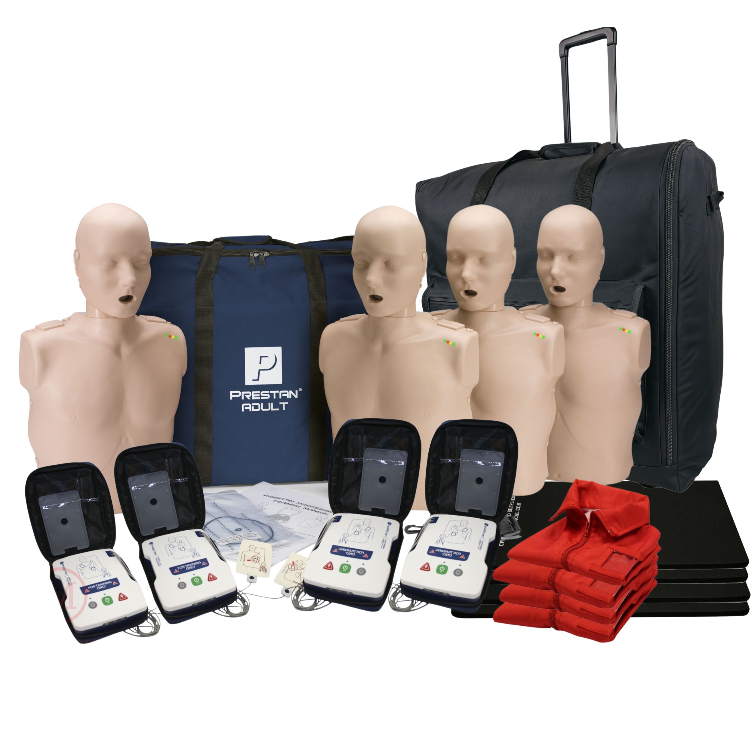 CPR Adult Manikin 4-Pack w. Feedback, AED UltraTrainers, Carry Bag w. Wheels