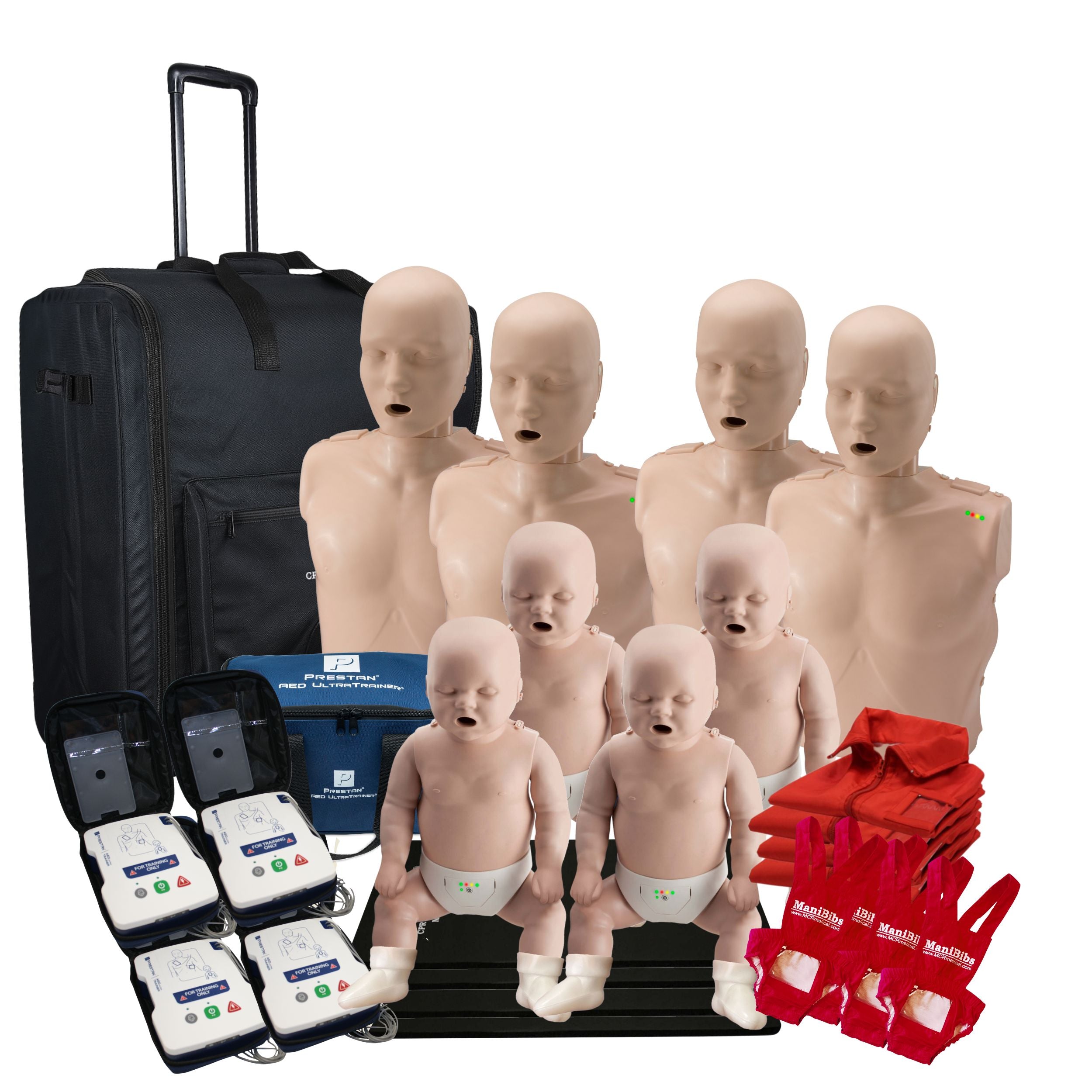 CPR Manikin 4-Pack Adult and 4-Pack Infant w. Feedback, AED UltraTrainers, Carry Bag w. Wheels
