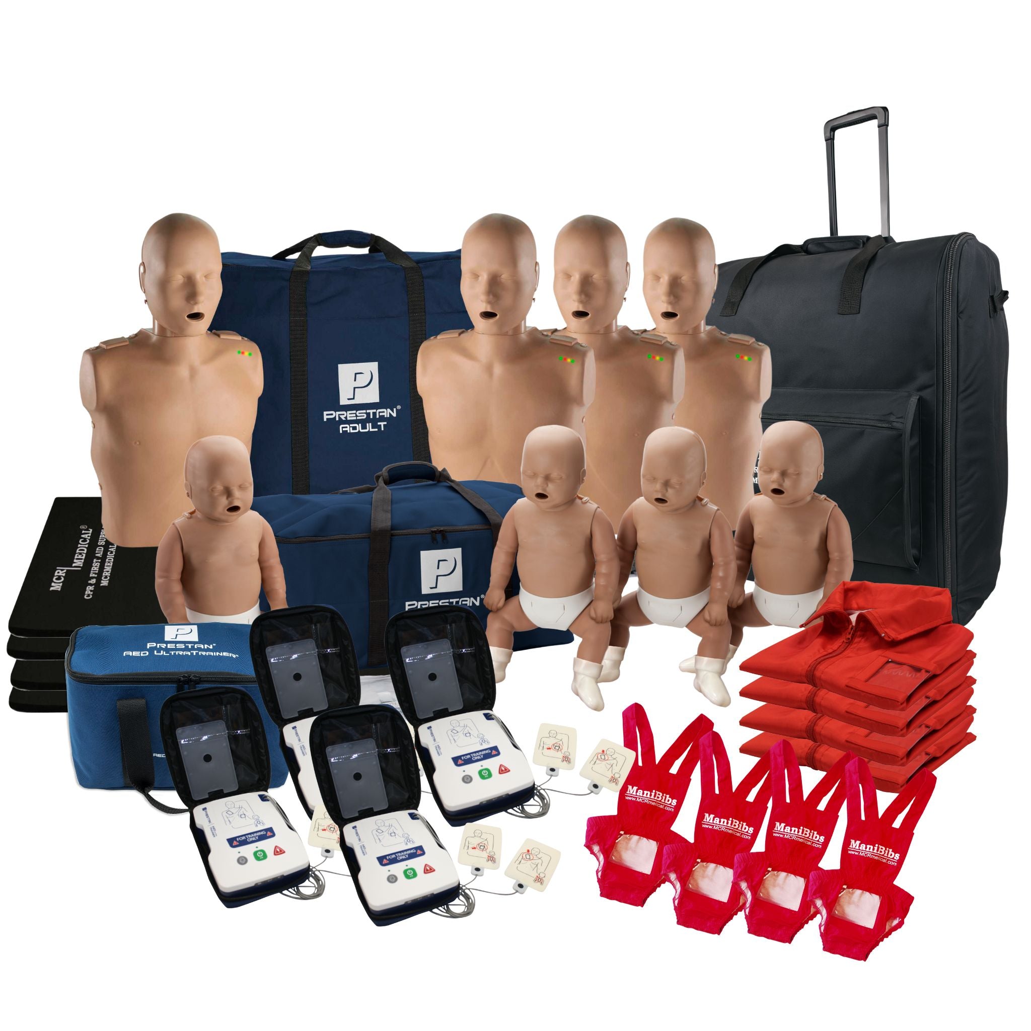 CPR Manikin 4-Pack Adult and 4-Pack Infant w. Feedback Dark Tone, AED UltraTrainers, Carry Bag w. Wheels