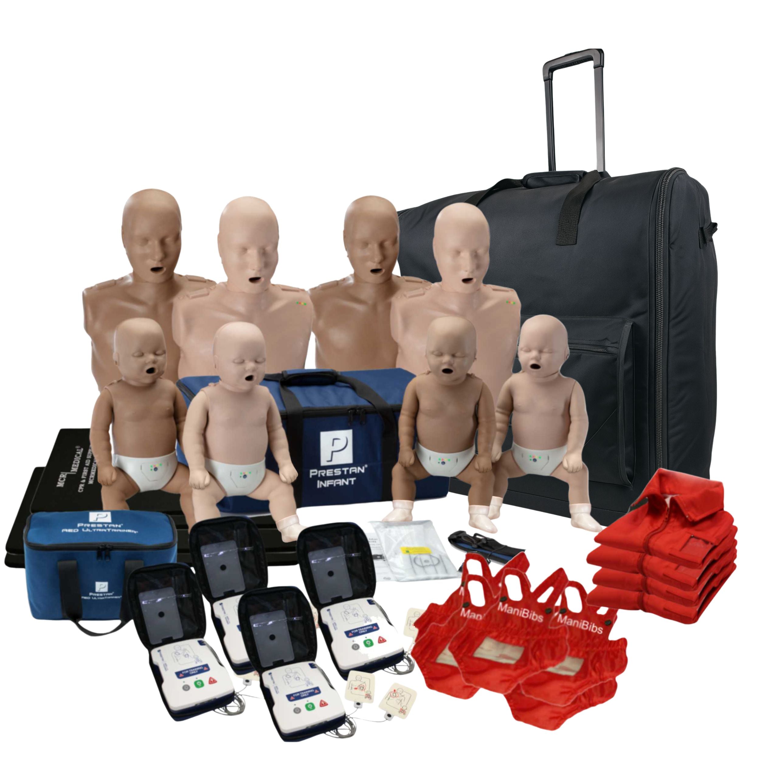 CPR Manikin Diversity Kit, 4-Pack Adult and 4-Pack Infant w. Feedback, AED UltraTrainers, Carry Bag