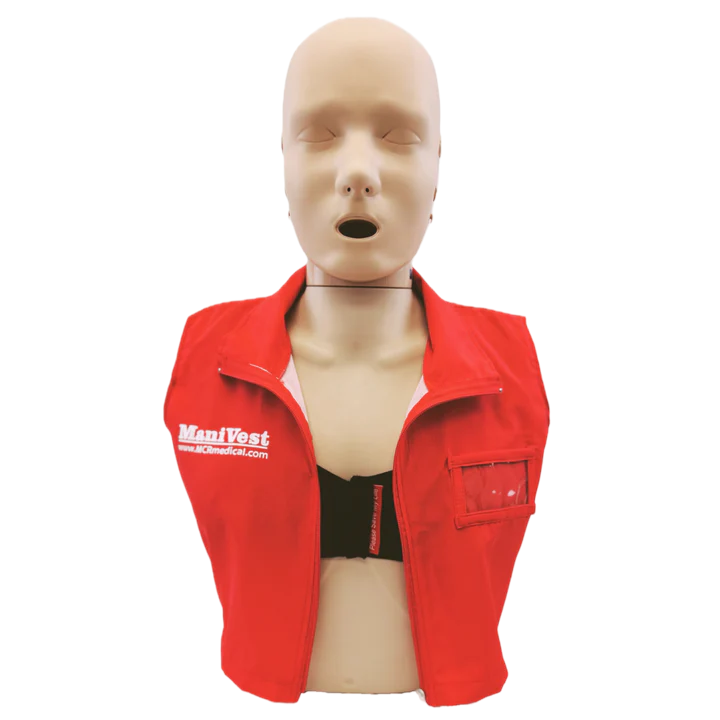 Mannequin wearing a red safety vest with 'ManiVest' branding on a white background