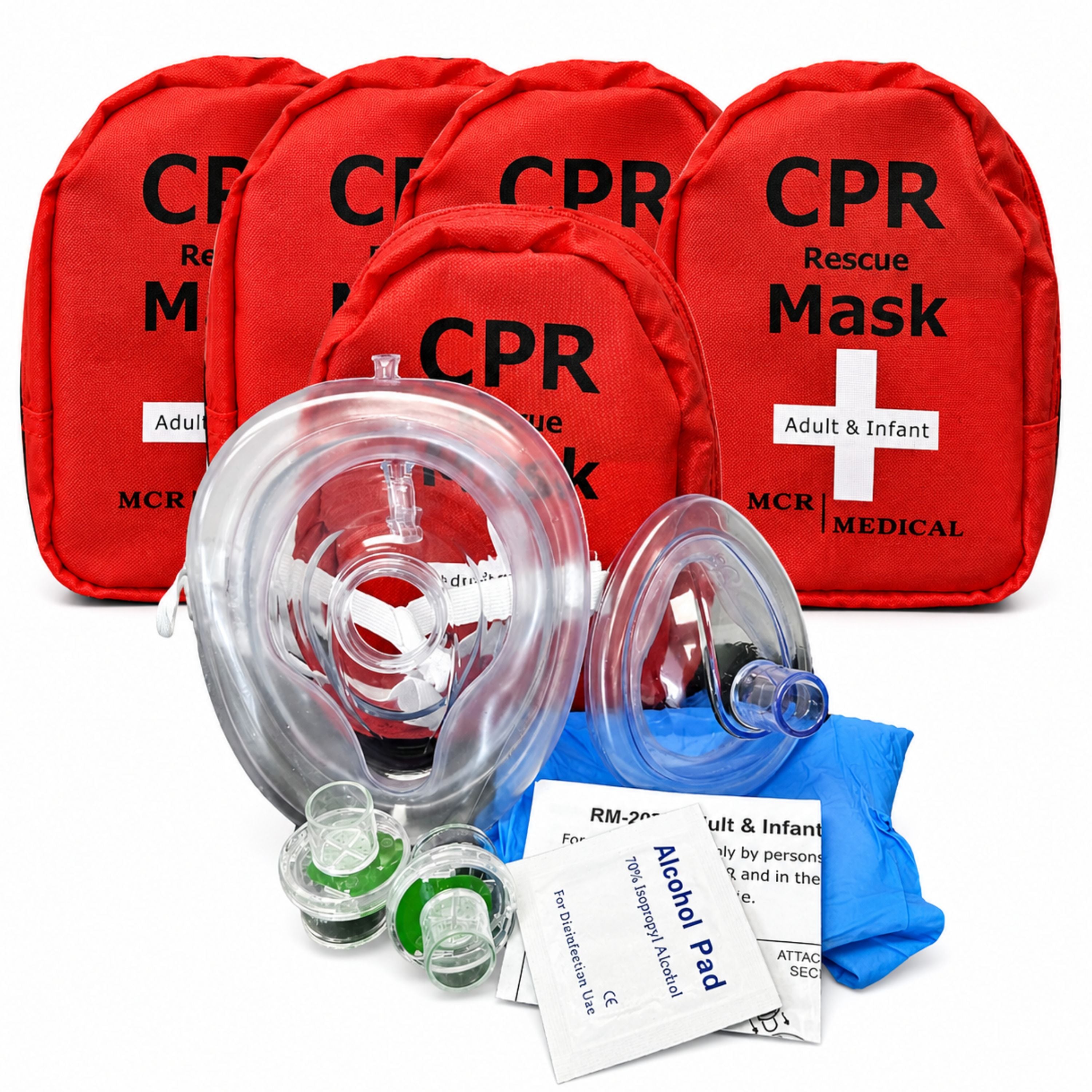 Pack of 5 CPR Masks, Adult/Child & Infant & 2 Valves, MCR Medical