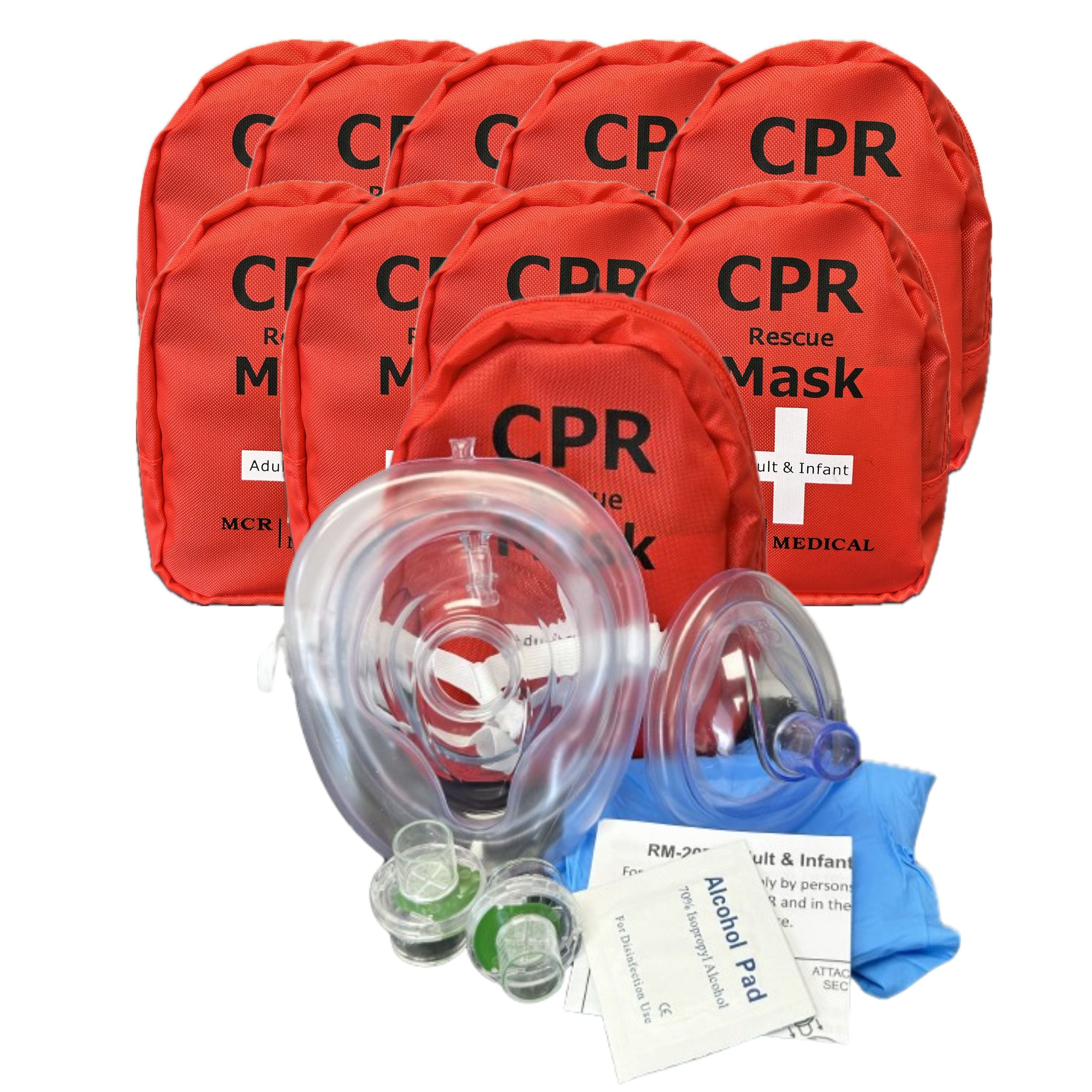 Pack of 10 CPR Masks, Adult/Child & Infant & 2 Valves, MCR Medical