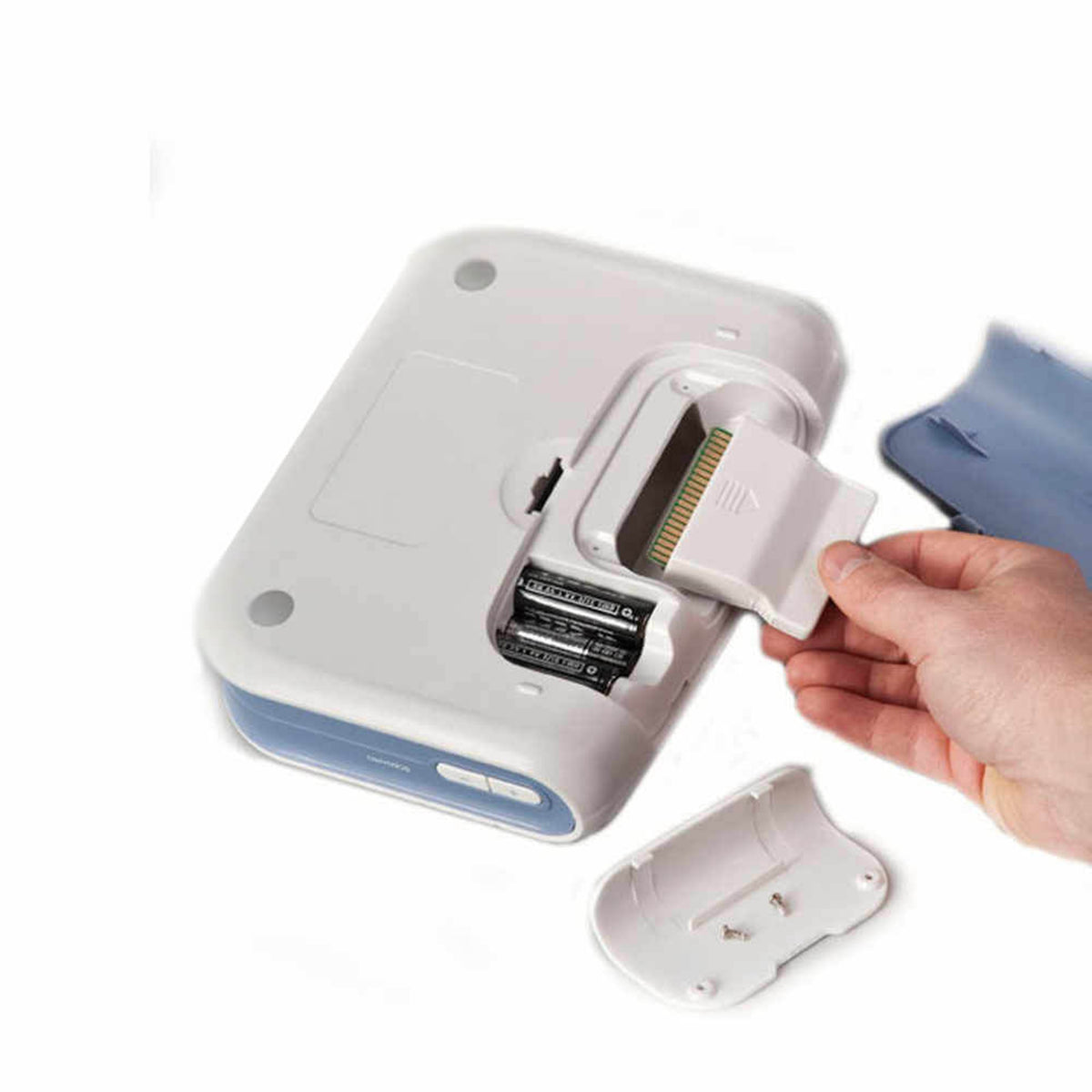 WNL AED trainer - Practi-Trainer-back of unit with cover off hand holding module