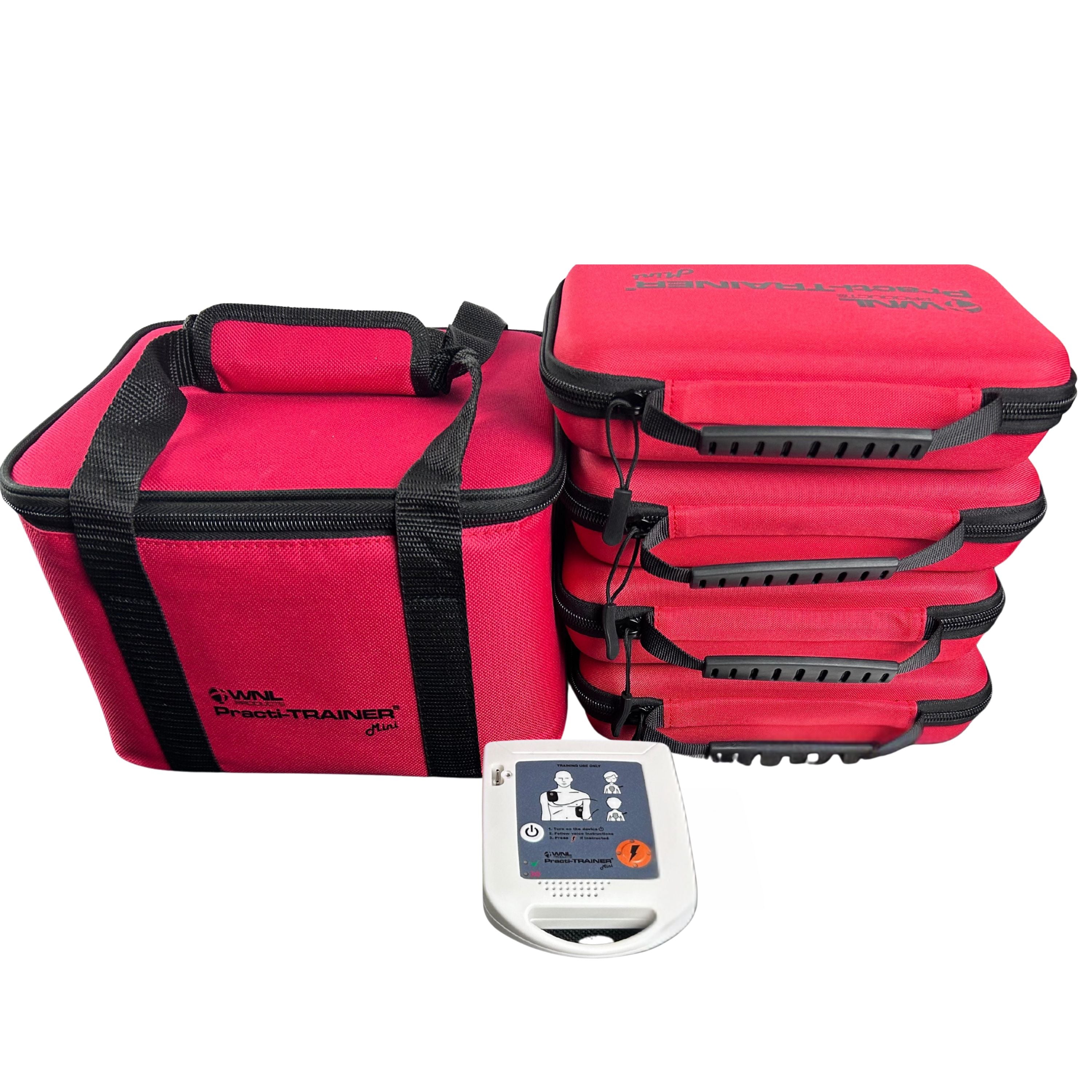 WNL AED Practi-trainer 4-pack large bag next to 4 individual WNL AED practi trainer