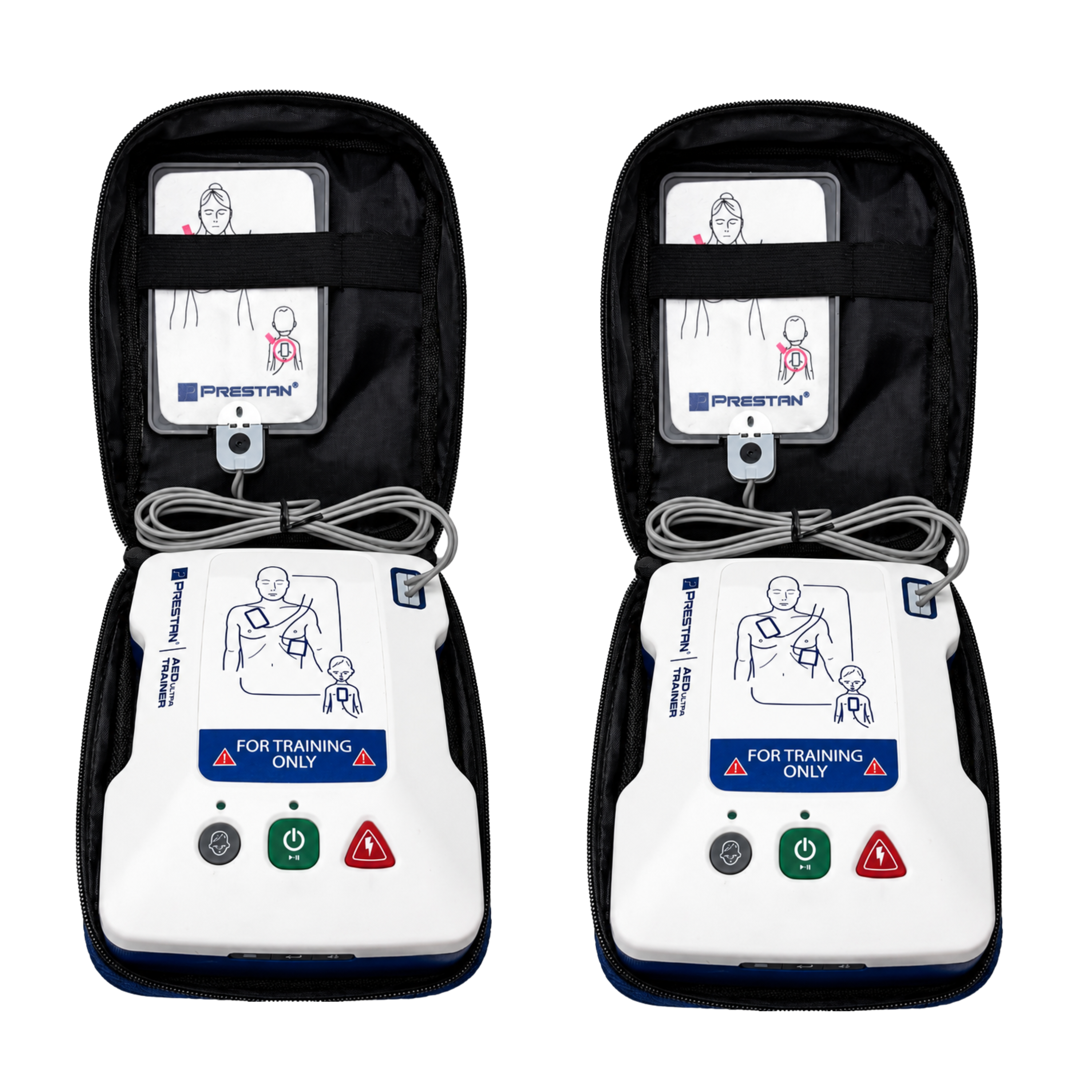 PRESTAN-UltraTrainer-AED trainer with training pads on tray, cable in a blue carry bag 2 pack