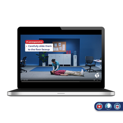 American Heart Association- CPR demonstration in a paused video on laptop. 