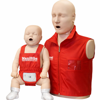 Two mannequins wearing red vests on a white background