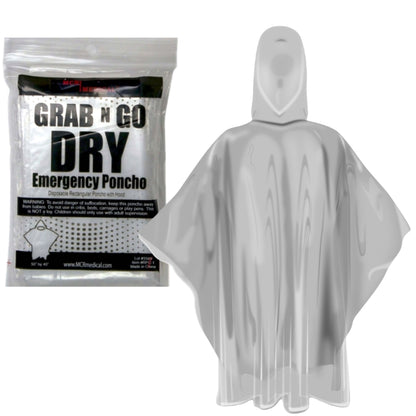 Pack of 50 Emergency Rain Ponchos, Clear, Rectangular with Hood