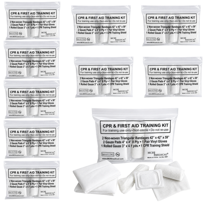 Pkg of 10 CPR & FA Training Kits w. 2 Non-Woven Triangular Bandages