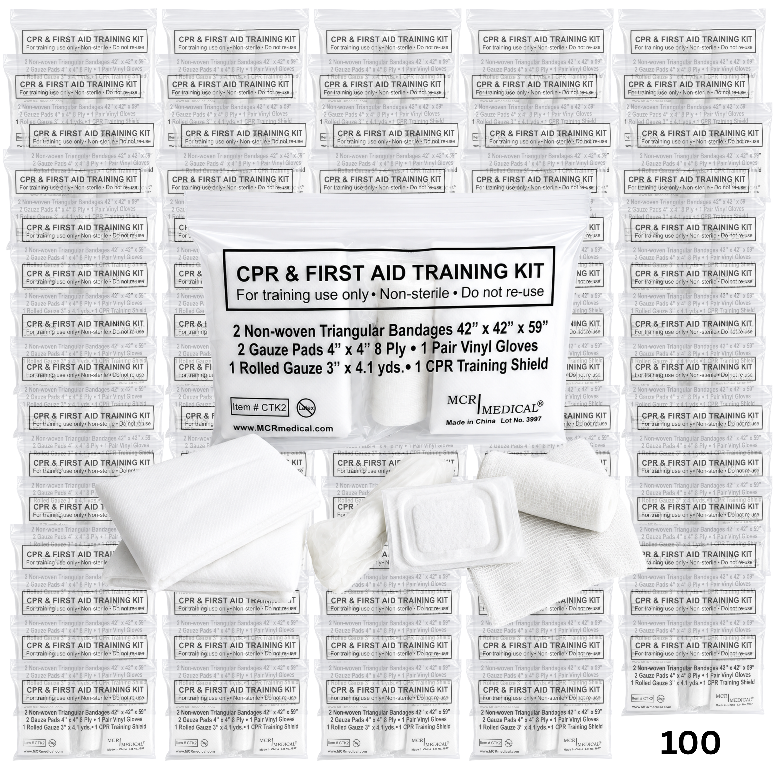 Box of 100 CPR & FA Training Kits w. 2 Non-Woven Triangular Bandages