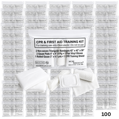 Box of 100 CPR & FA Training Kits w. 2 Non-Woven Triangular Bandages