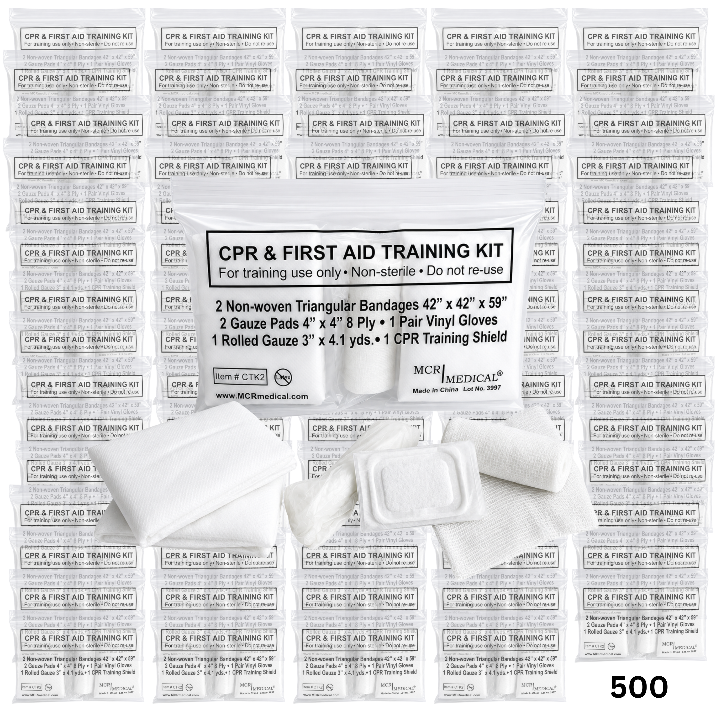 Case of 500 CPR & FA Training Kits w. 2 Non-Woven Triangular Bandages
