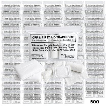 Case of 500 CPR & FA Training Kits w. 2 Non-Woven Triangular Bandages