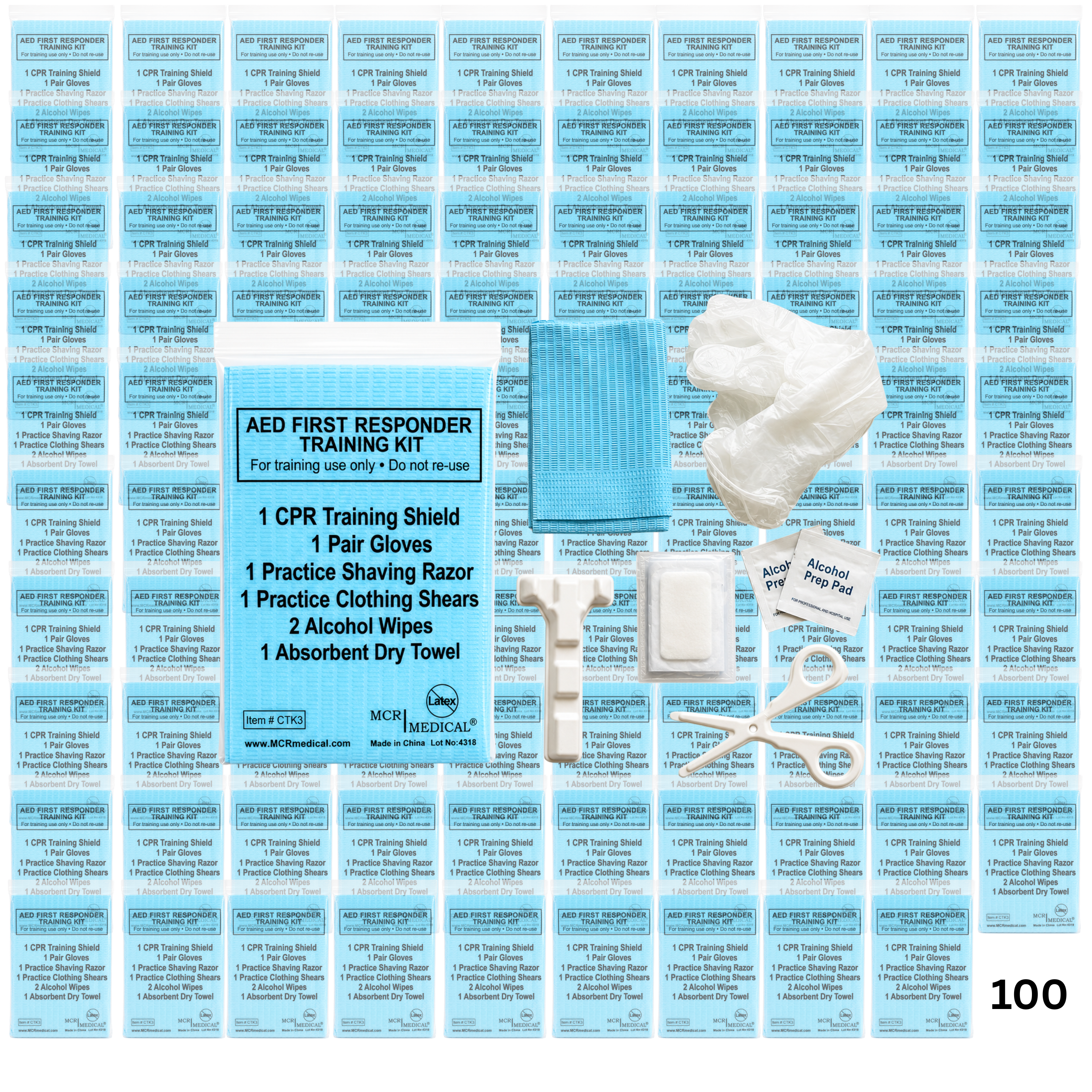100-Pack Deluxe AED First Responder Training Kit with Simulated Razor, Scissors, & More