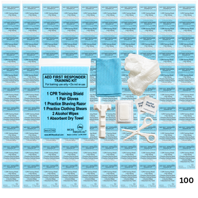 100-Pack Deluxe AED First Responder Training Kit with Simulated Razor, Scissors, & More