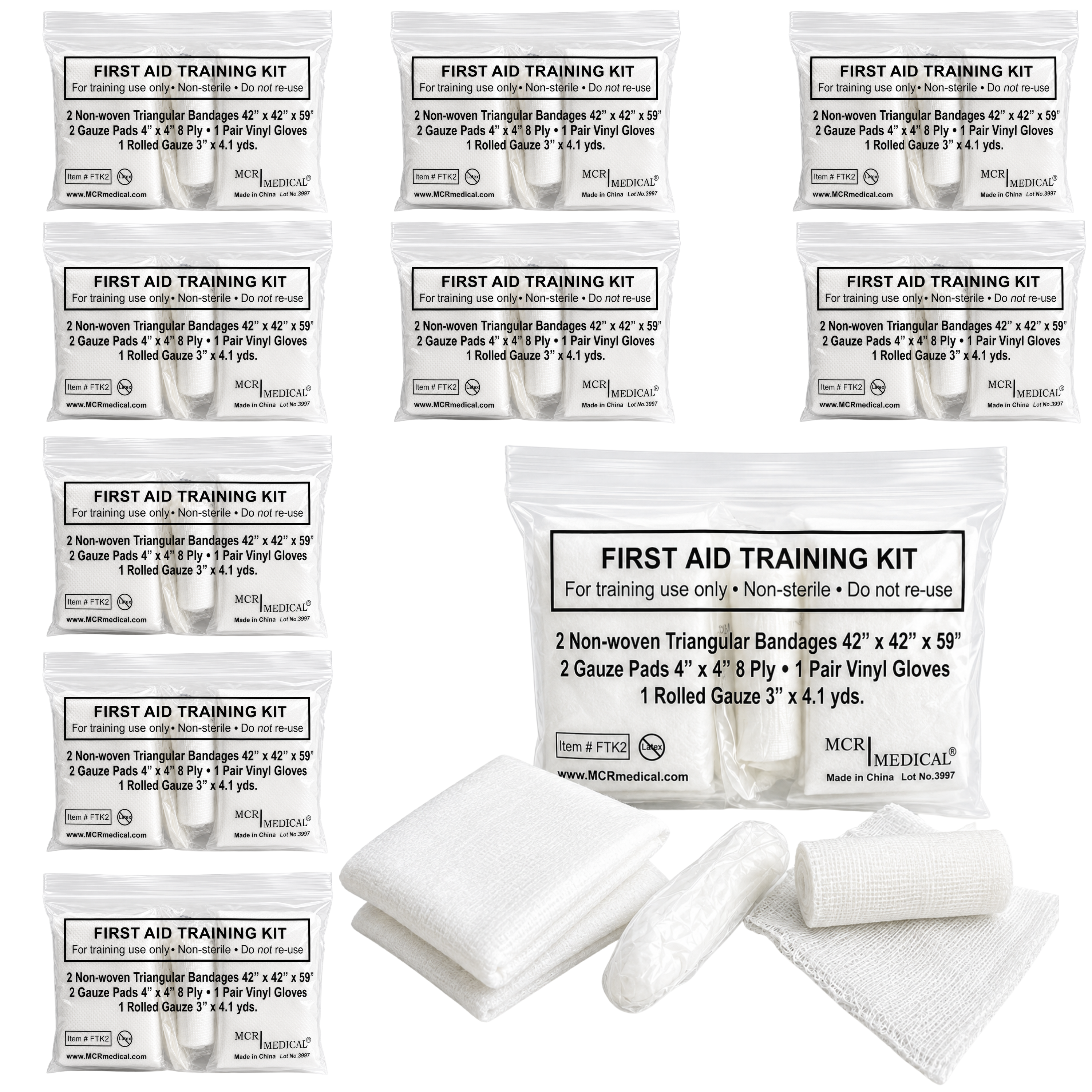 Pkg of 10 First Aid Training Kits w. 2 Non-Woven Triangular Bandages