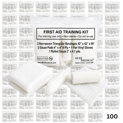 Box of 100 First Aid Training Kits w. 2 Non-Woven Triangular Bandages