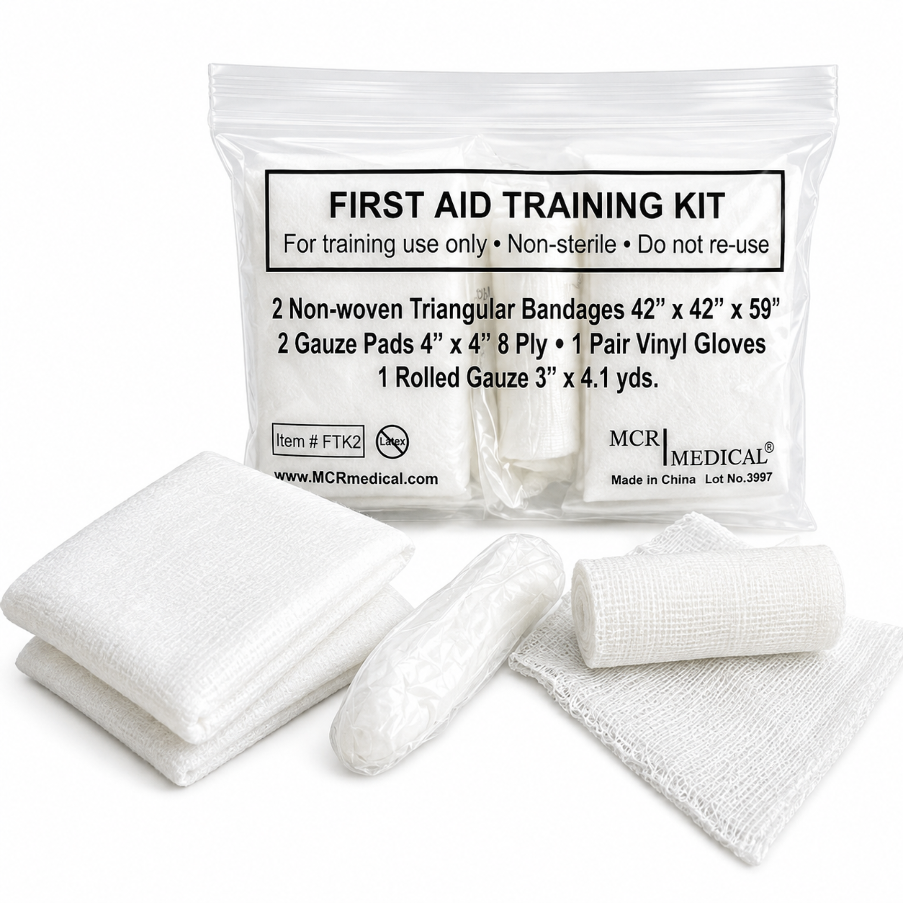 Box of 100 First Aid Training Kits w. 2 Non-Woven Triangular Bandages