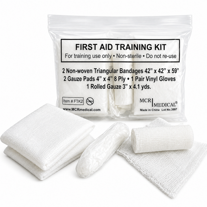 Box of 100 First Aid Training Kits w. 2 Non-Woven Triangular Bandages