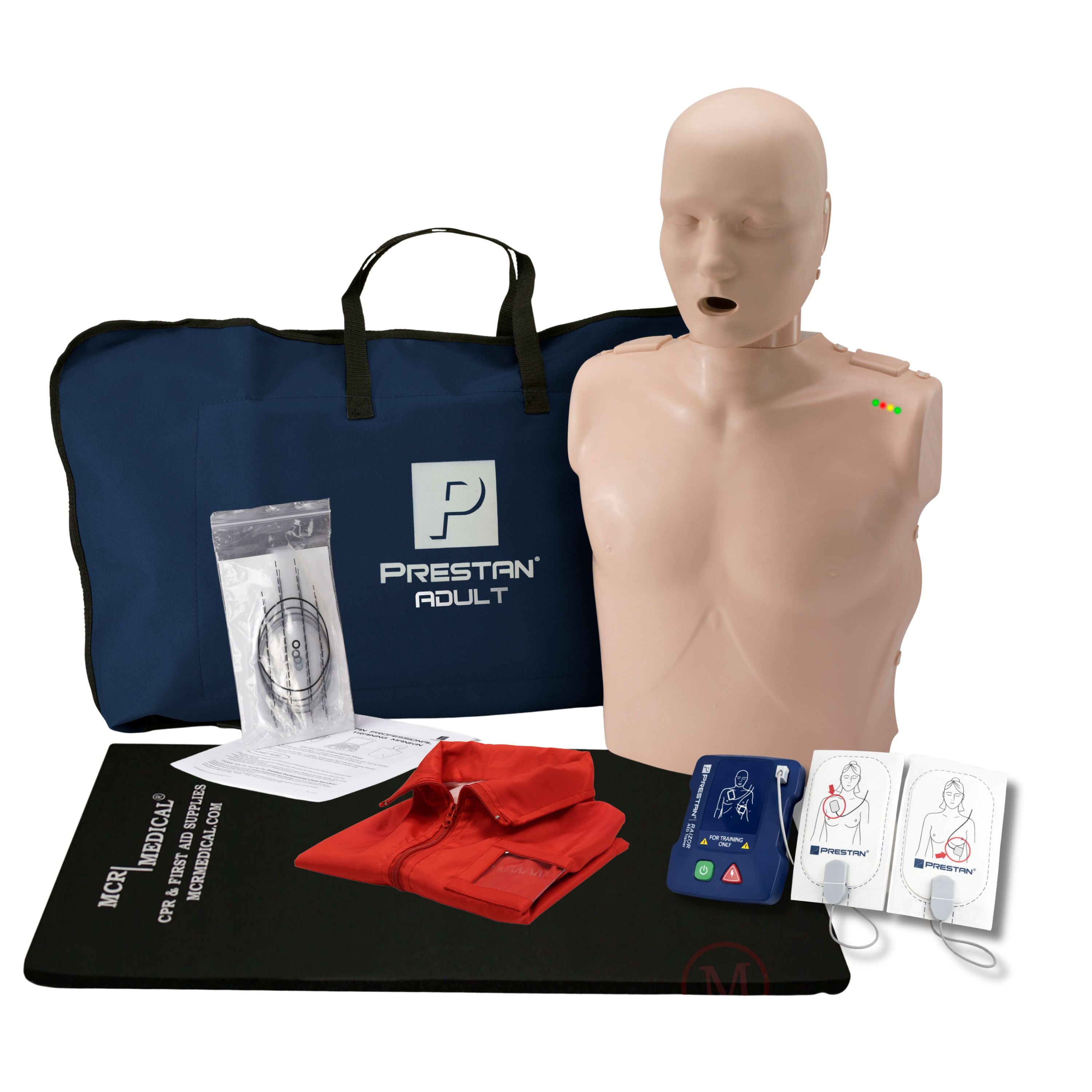 MCR CPR Training Kit: One PRESTAN Professional Adult Manikin, One AED Raizor Trainer, & Accessories (Medium Tone)