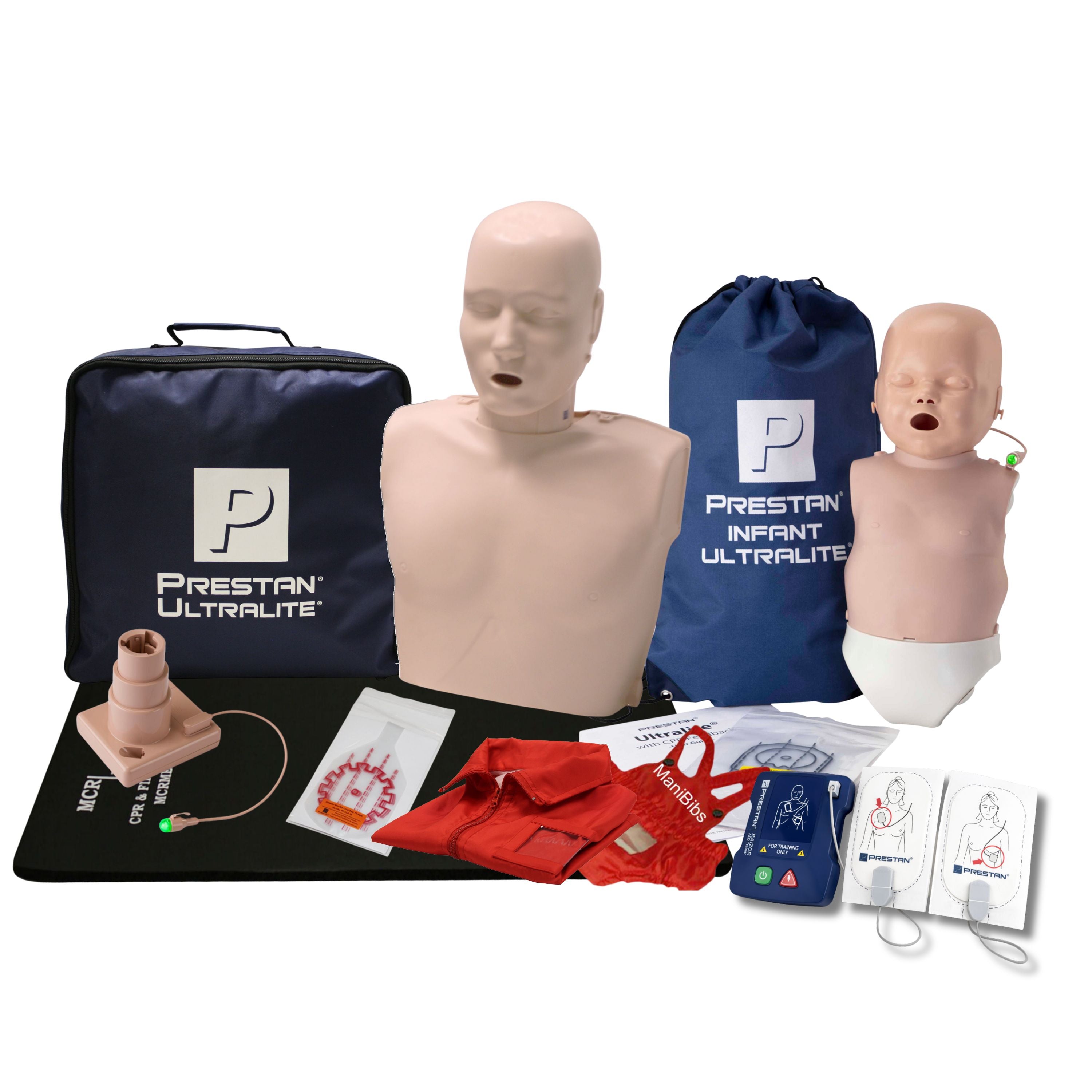 MCR Ultralite CPR Training Kit: One Adult & One Infant PRESTAN Manikin, One AED Raizor Trainer, and MCR Exclusive Accessories (Medium Tone)