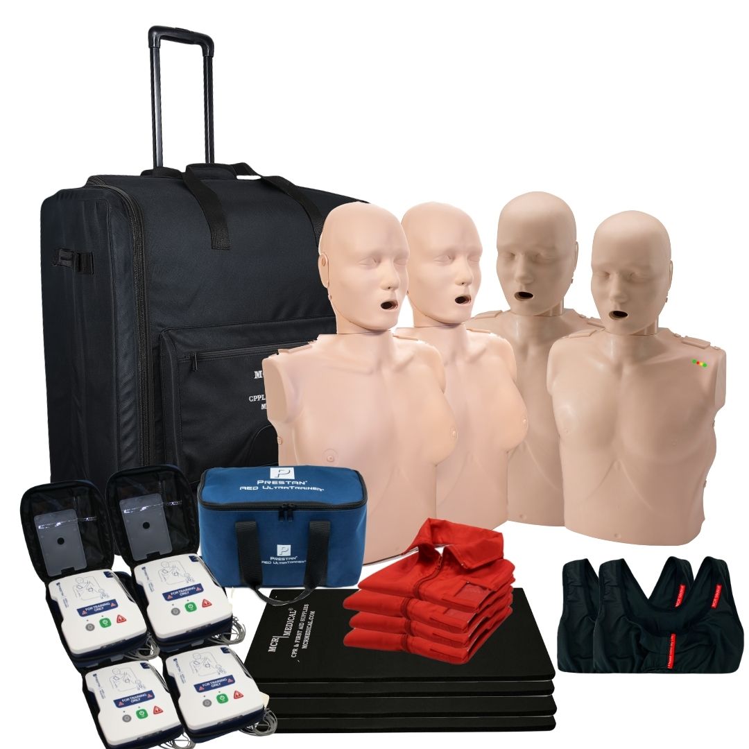 2 Female and 2 Male CPR Adult Manikins w. Feedback, AED UltraTrainers, Carry Bag w. Wheels