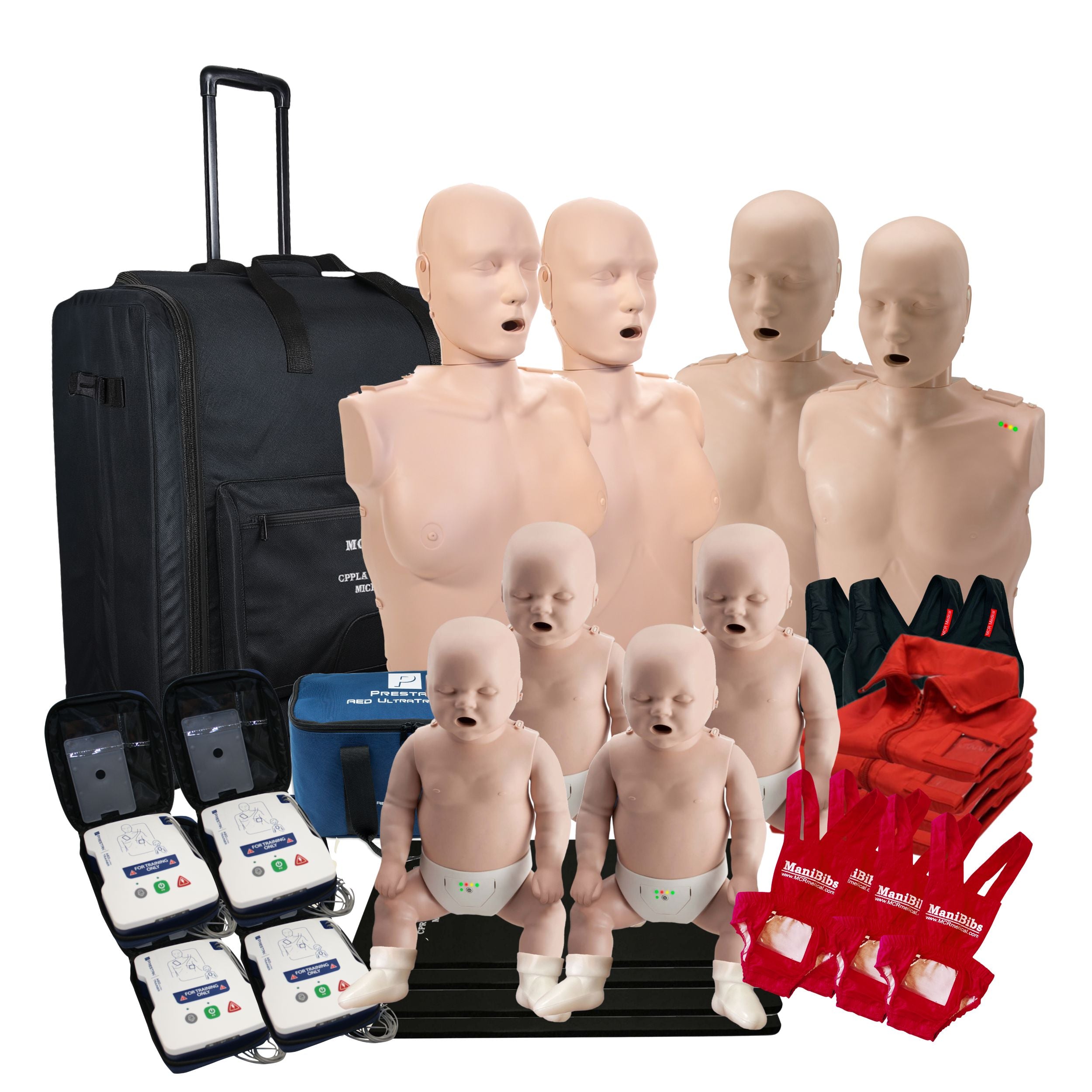 2 Female, 2 Male, and 4 Infant CPR Manikins w. Feedback, AED UltraTrainers, Carry Bag w. Wheels