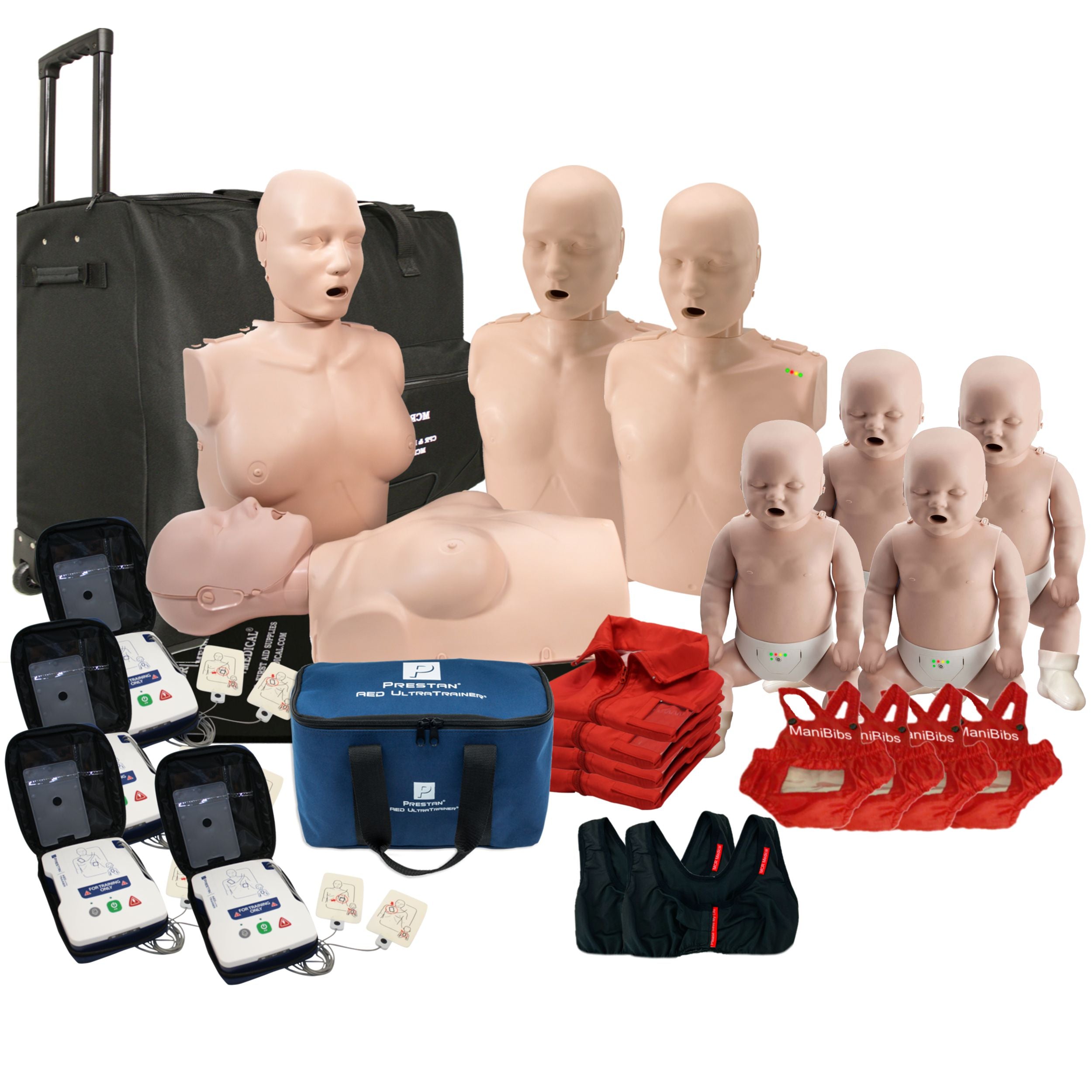 2 Female, 2 Male, and 4 Infant CPR Manikins w. Feedback, AED UltraTrainers, Carry Bag w. Wheels