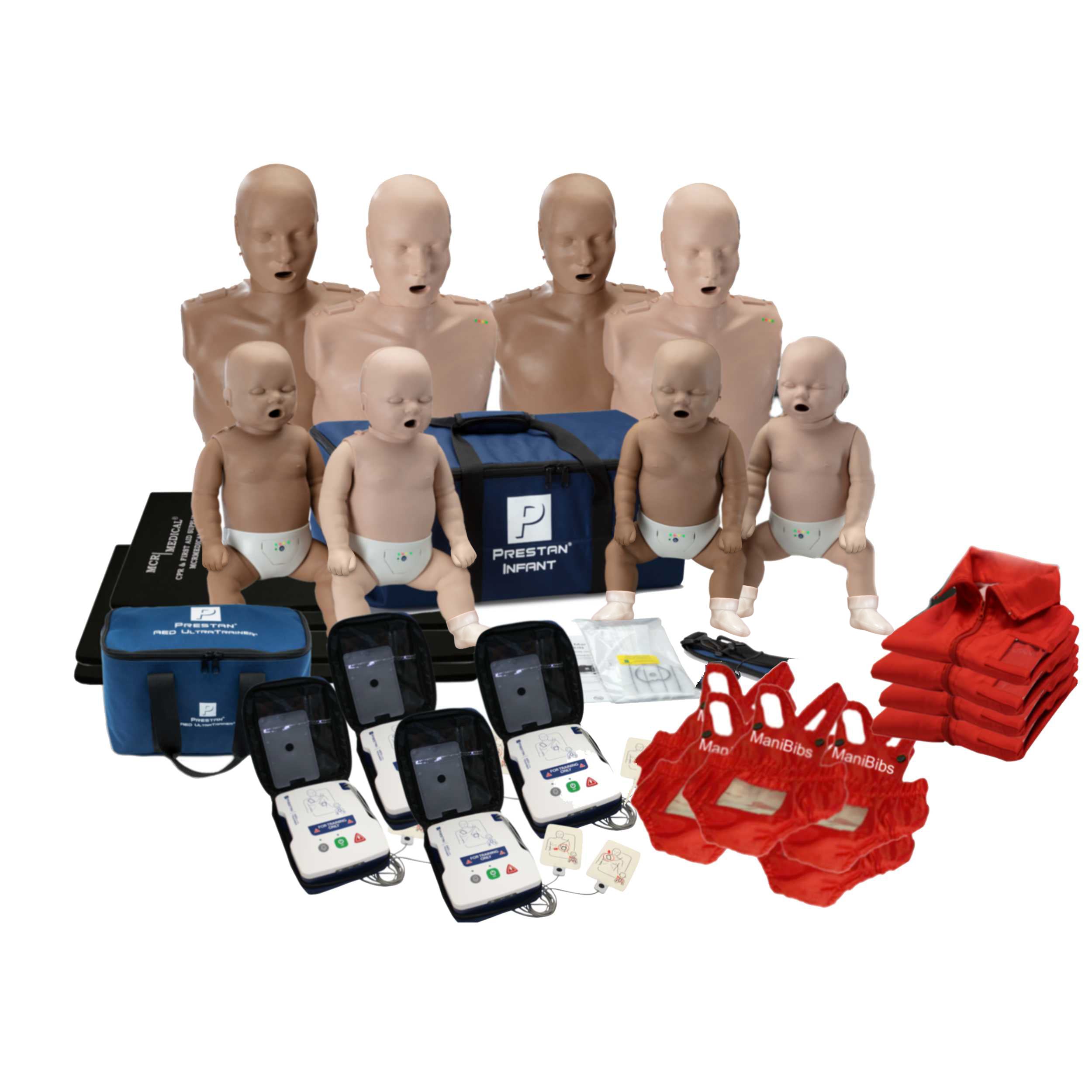 CPR Manikin Diversity Kit, 4-Pack Adult and 4-Pack Infant w. Feedback, AED UltraTrainers, Carry Bag
