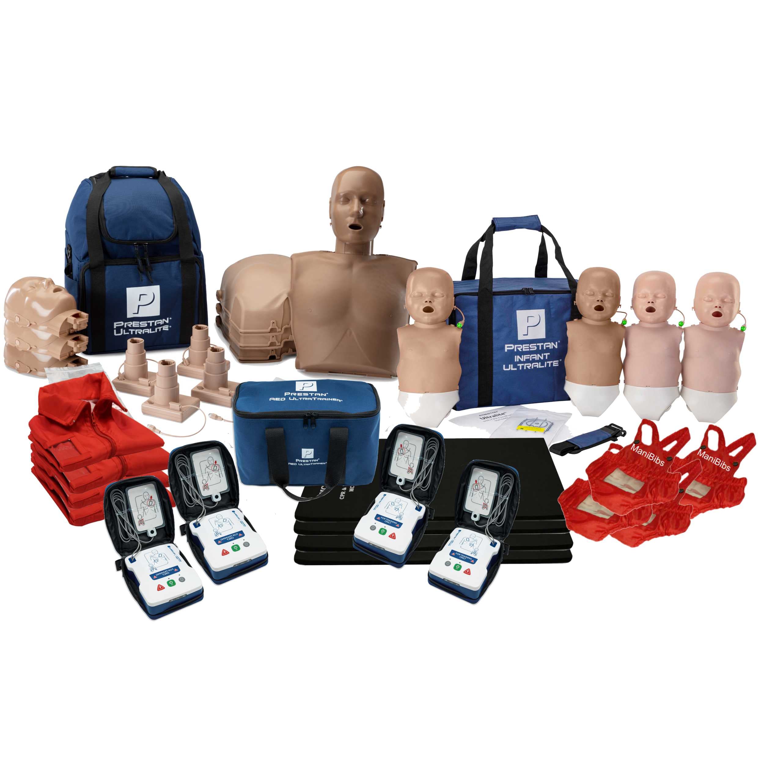 CPR Training Kit w 4-pack of Adult and Infant Prestan Ultralite Diversity  CPR Manikin, Dark Tone w/