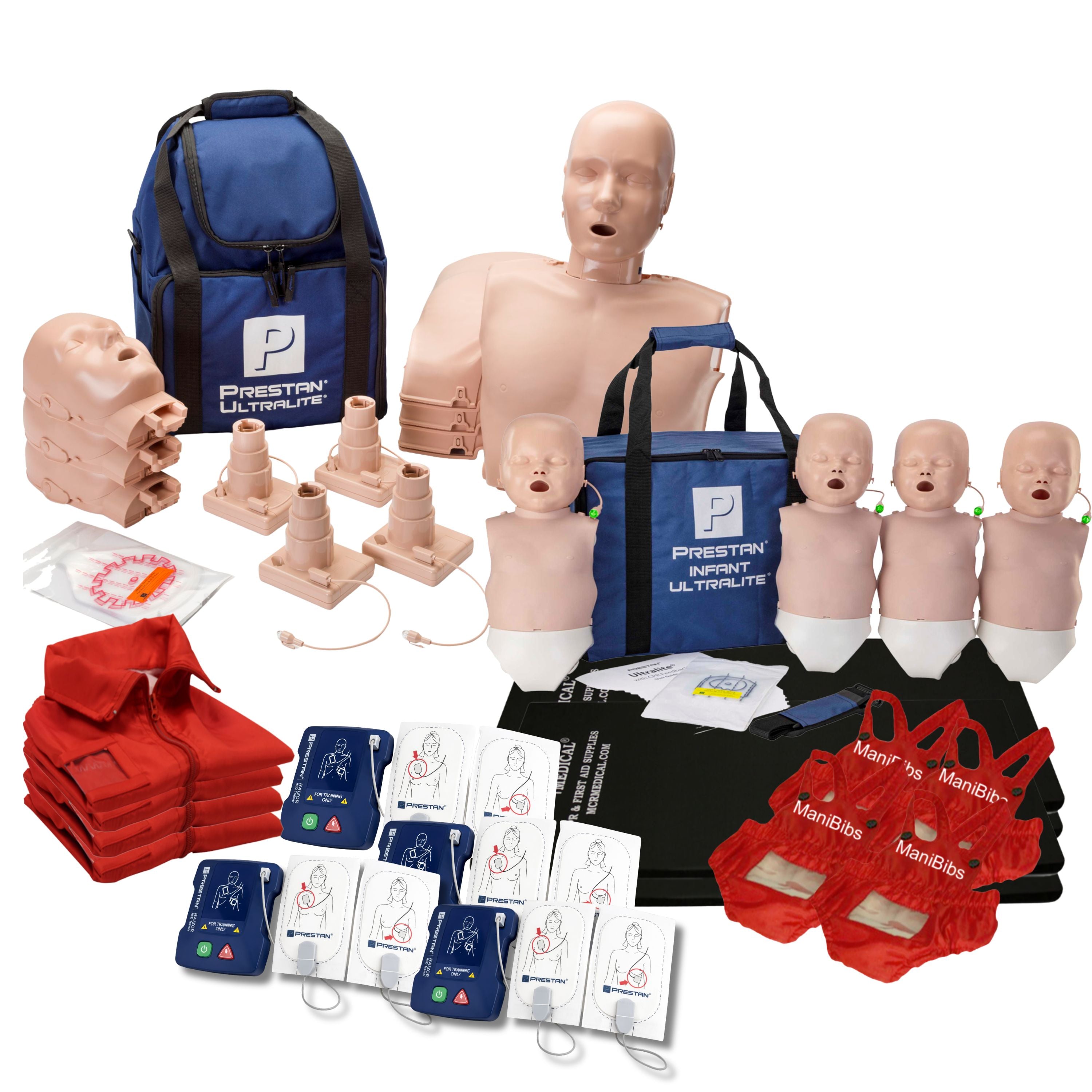 MCR Ultralite CPR Training Kit 4 Adults, 4 Infants, 4 AED Raizor Trainers, & MCR Accessories (Medium Tone)