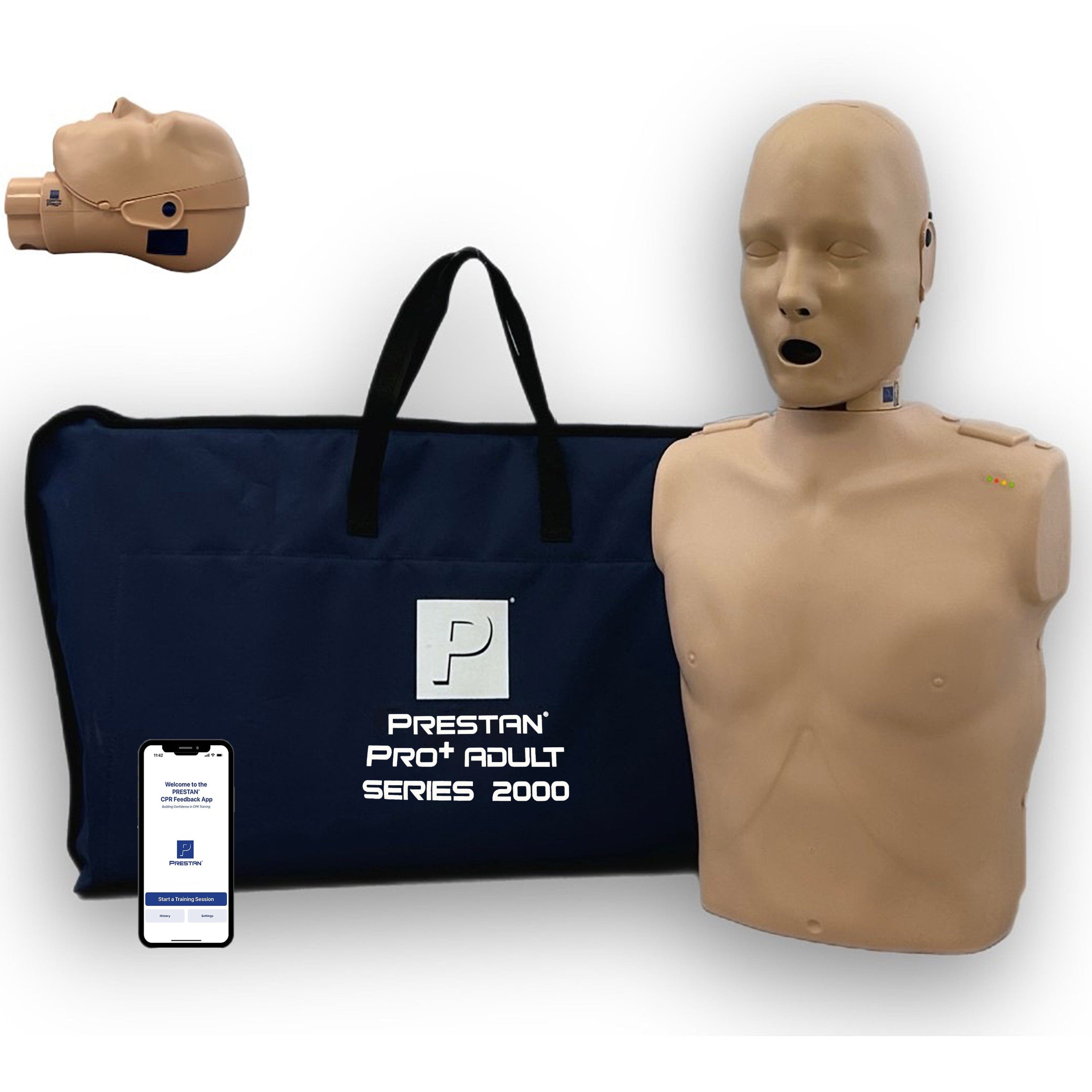PRESTAN-Pro plus series 2000- Medium tone adult manikin with bag a phone showing app. pro plus head added to corner