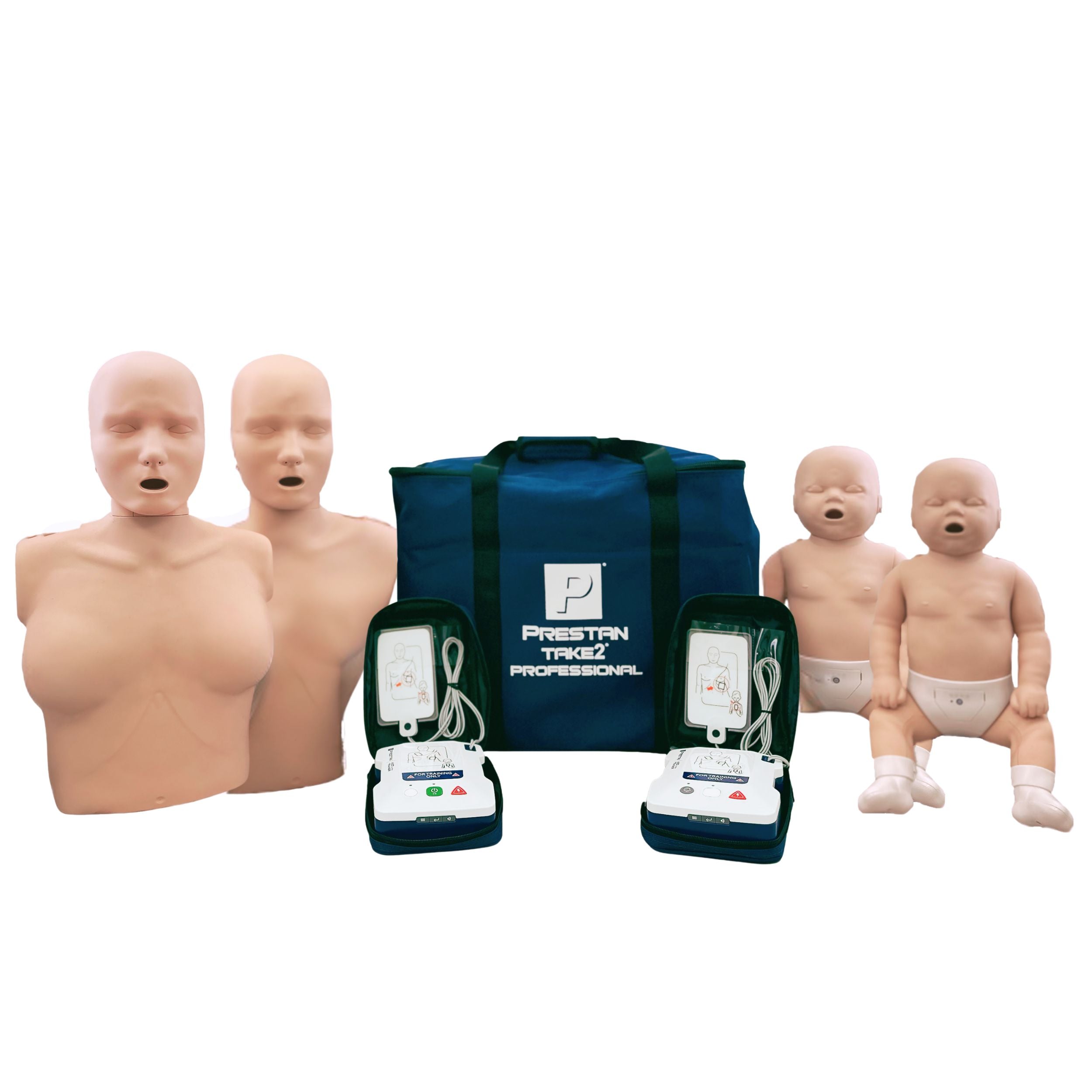 Prestan Take2 CPR Manikin & AED Trainer Kit (1-Adult, 1 Female Adult, 2-Infant, & 2-UltraTrainers) - Medium Tone