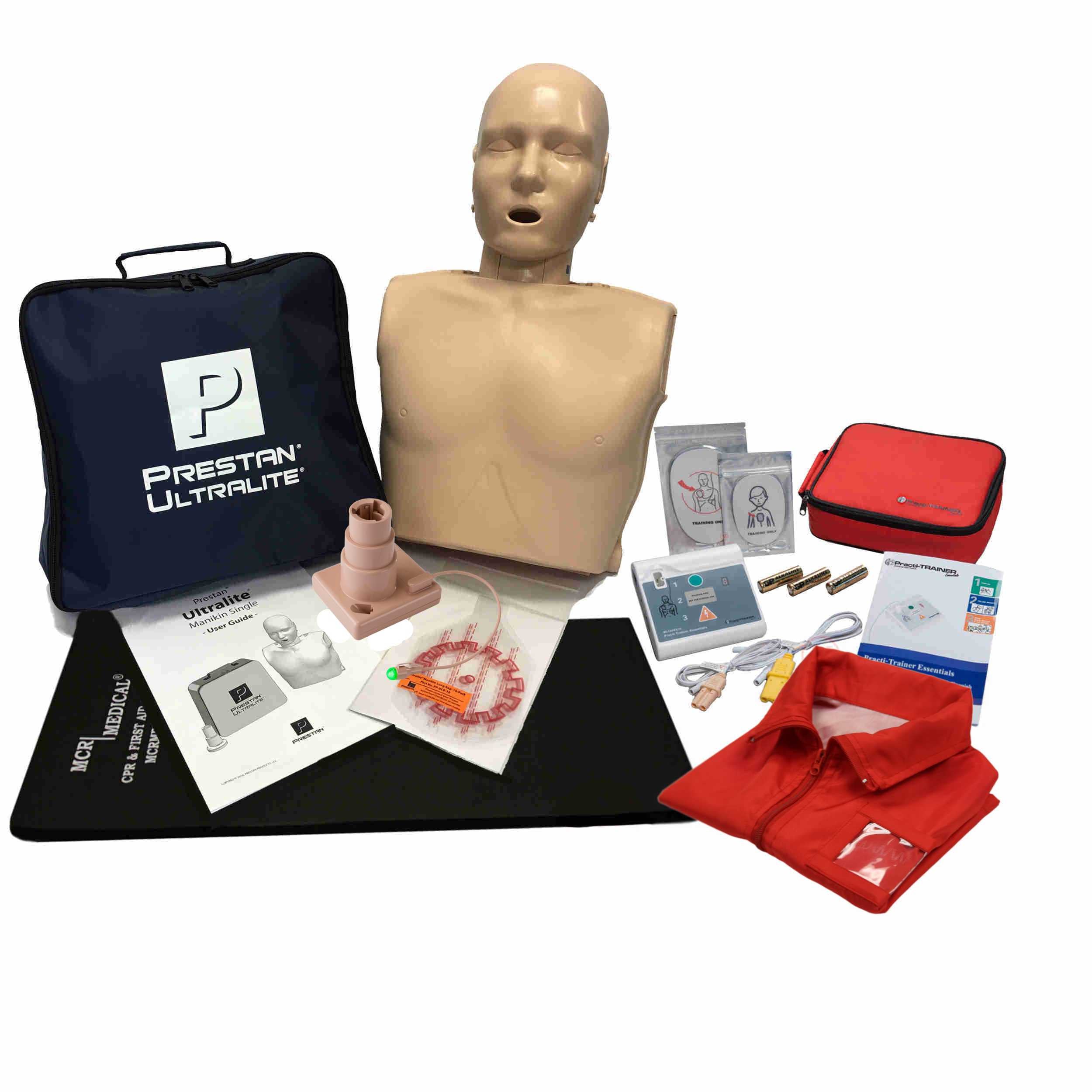 CPR Training Kit w Prestan Ultralite CPR Manikin w/ Feedback, Practi-Trainer Essentials AED Trainer,