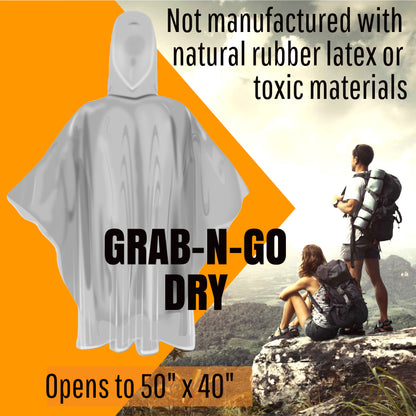 Pack of 50 Emergency Rain Ponchos, Clear, Rectangular with Hood