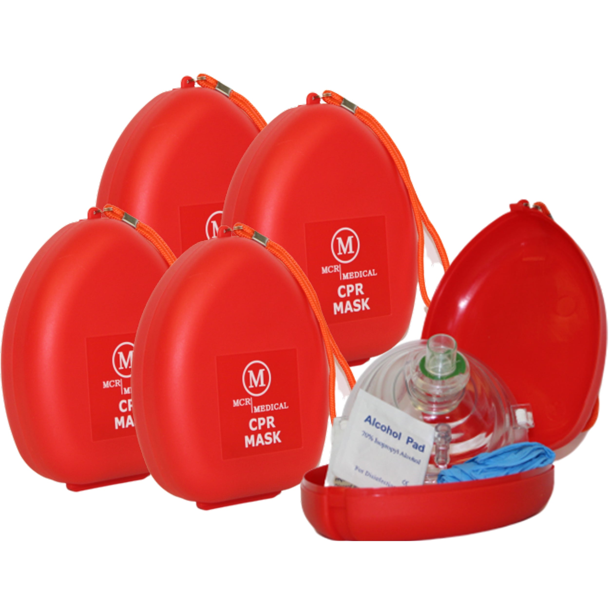 Pack of 5 CPR Rescue Masks, Adult/Child, Hard Case with Wrist Strap, MCR