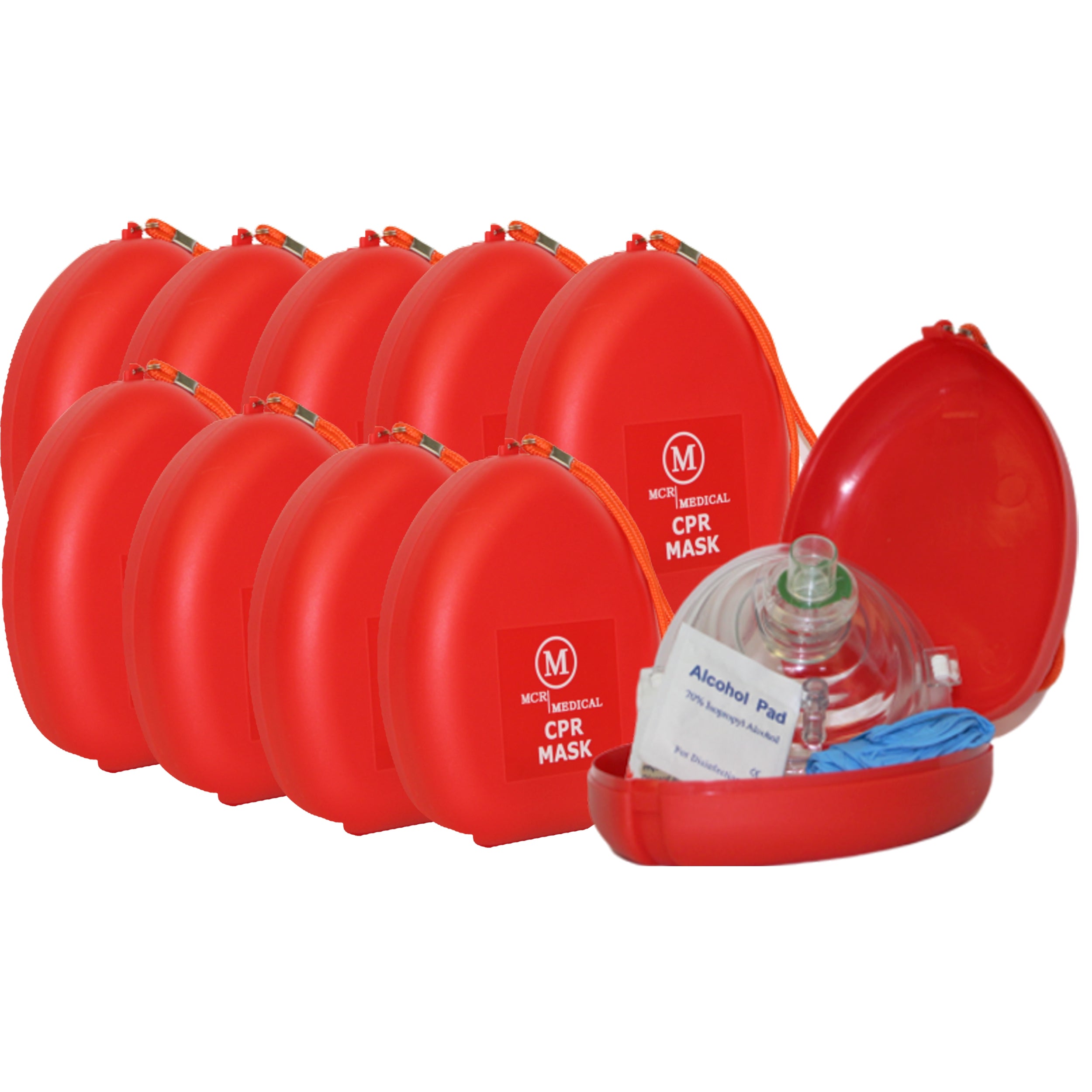 Pack of 10 CPR Rescue Masks, Adult/Child, Hard Case with Wrist Strap, MCR