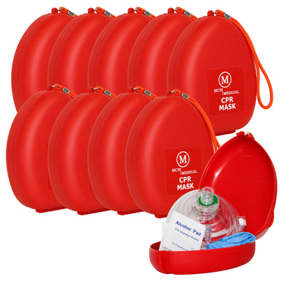 Pack of 10 CPR Rescue Masks, Adult/Child, Hard Case with Wrist Strap, MCR