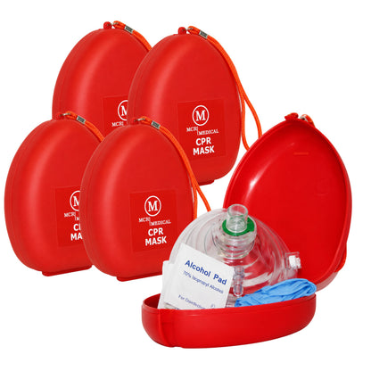 Pack of 5 CPR Rescue Masks, Adult/Child, Hard Case with Wrist Strap, MCR