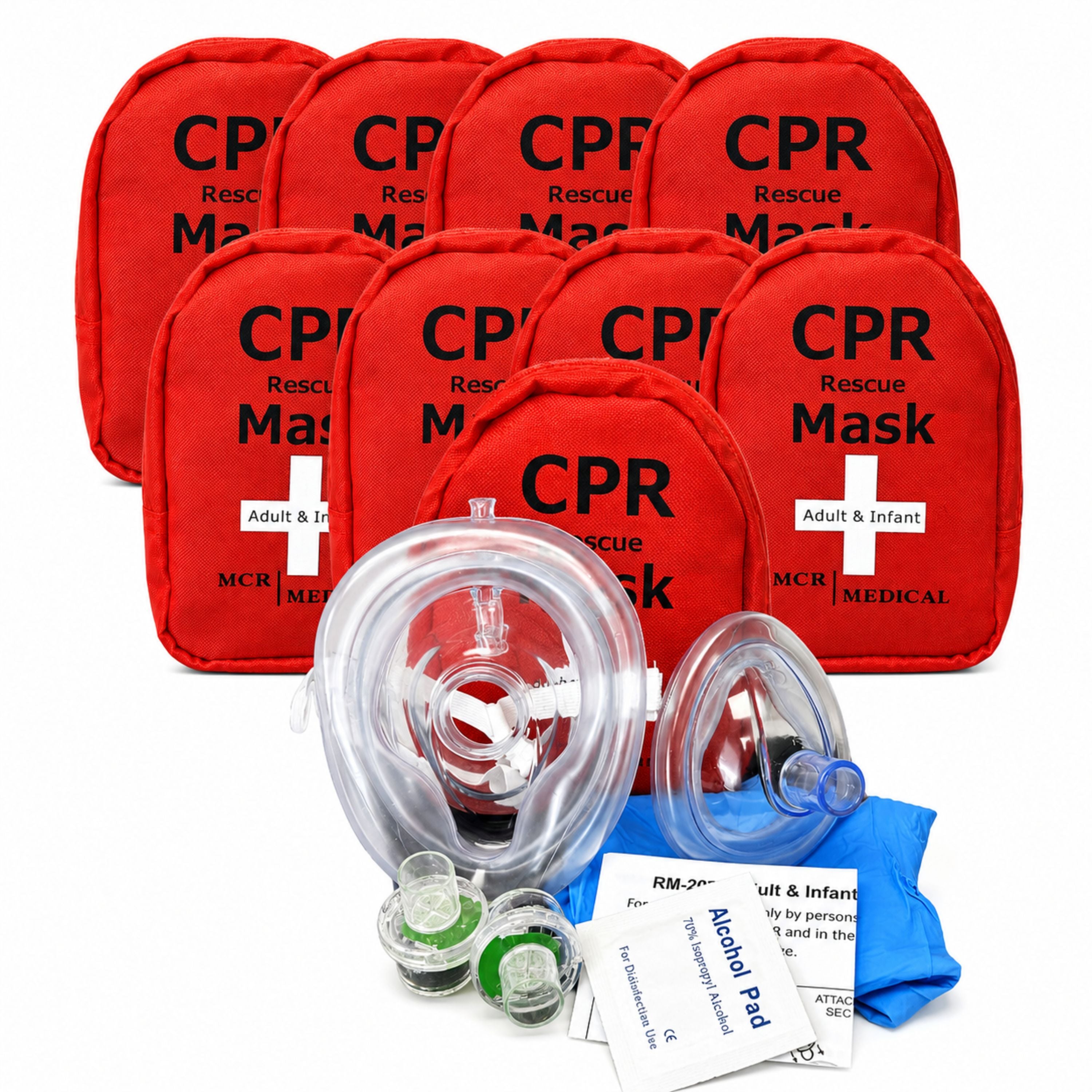 Pack of 10 CPR Masks, Adult/Child & Infant & 2 Valves, MCR Medical