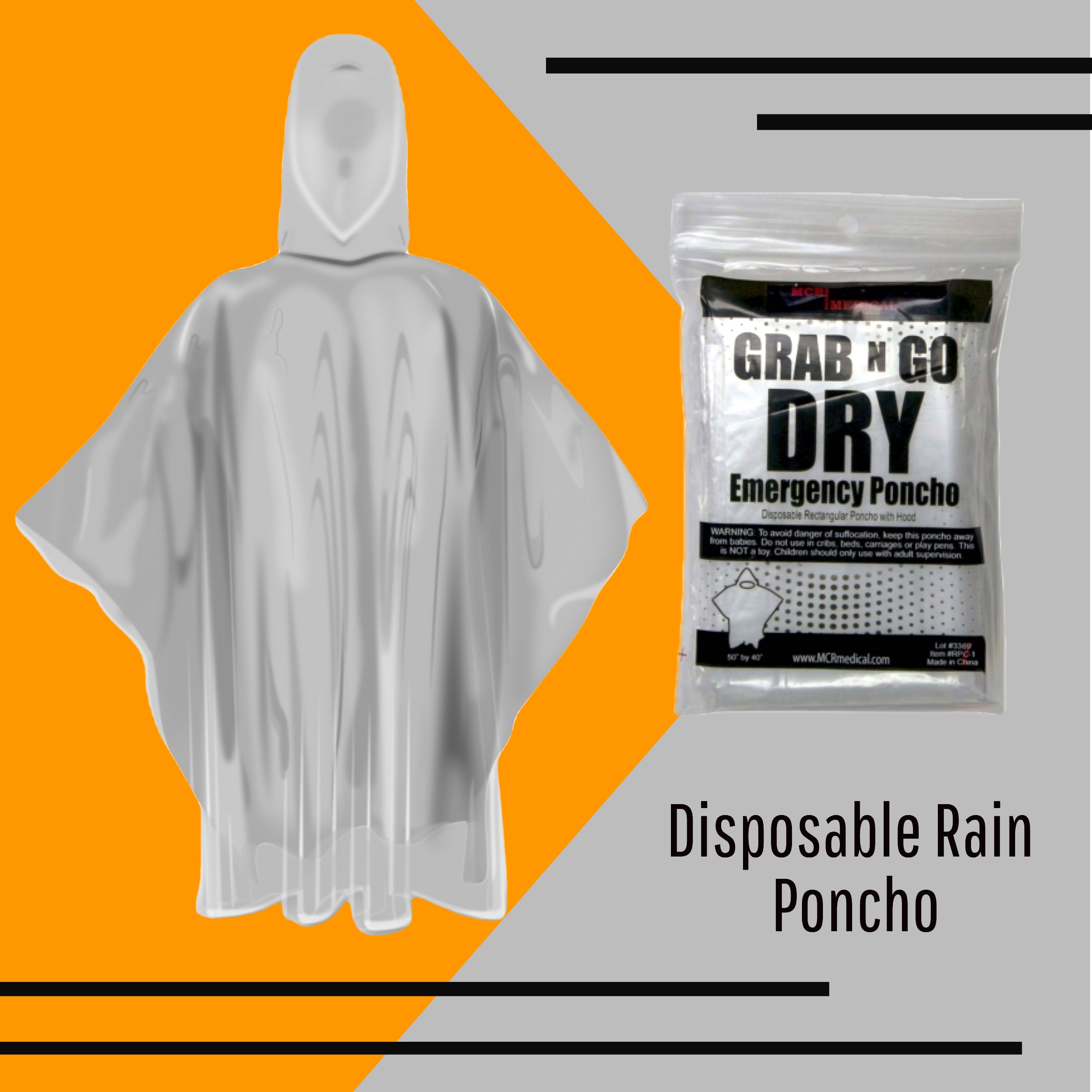 Pack of 50 Emergency Rain Ponchos, Clear, Rectangular with Hood