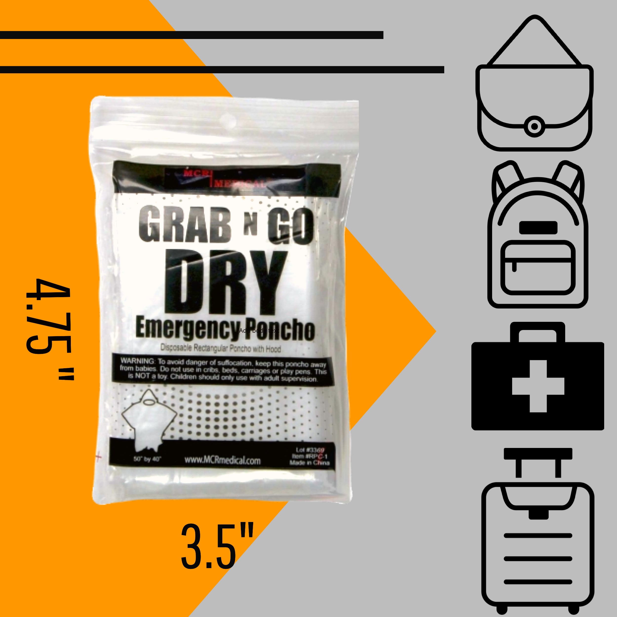 Pack of 50 Emergency Rain Ponchos, Clear, Rectangular with Hood